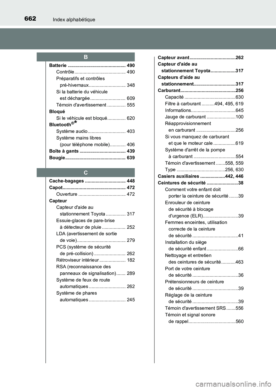 TOYOTA AURIS 2017 Notices Demploi (in French) 662Index alphabétique
UK_AURIS_HB_EK (OM12K98K)
Batterie ............................................ 490
Contrôle ....................................... 490
Préparatifs et contrôles
pré-hiv TOYOTA AURIS 2017 Notices Demploi (in French) 662Index alphabétique
UK_AURIS_HB_EK (OM12K98K)
Batterie ............................................ 490
Contrôle ....................................... 490
Préparatifs et contrôles
pré-hiv