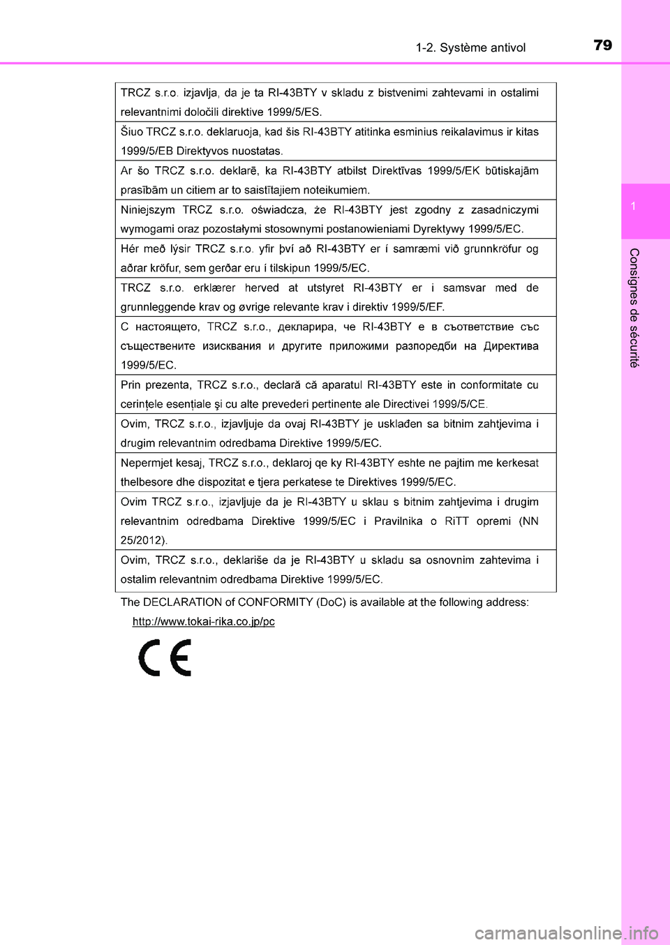 TOYOTA AURIS 2017  Notices Demploi (in French) 791-2. Système antivol
1
Consignes de sécurité
UK_AURIS_HB_EK (OM12K98K) 