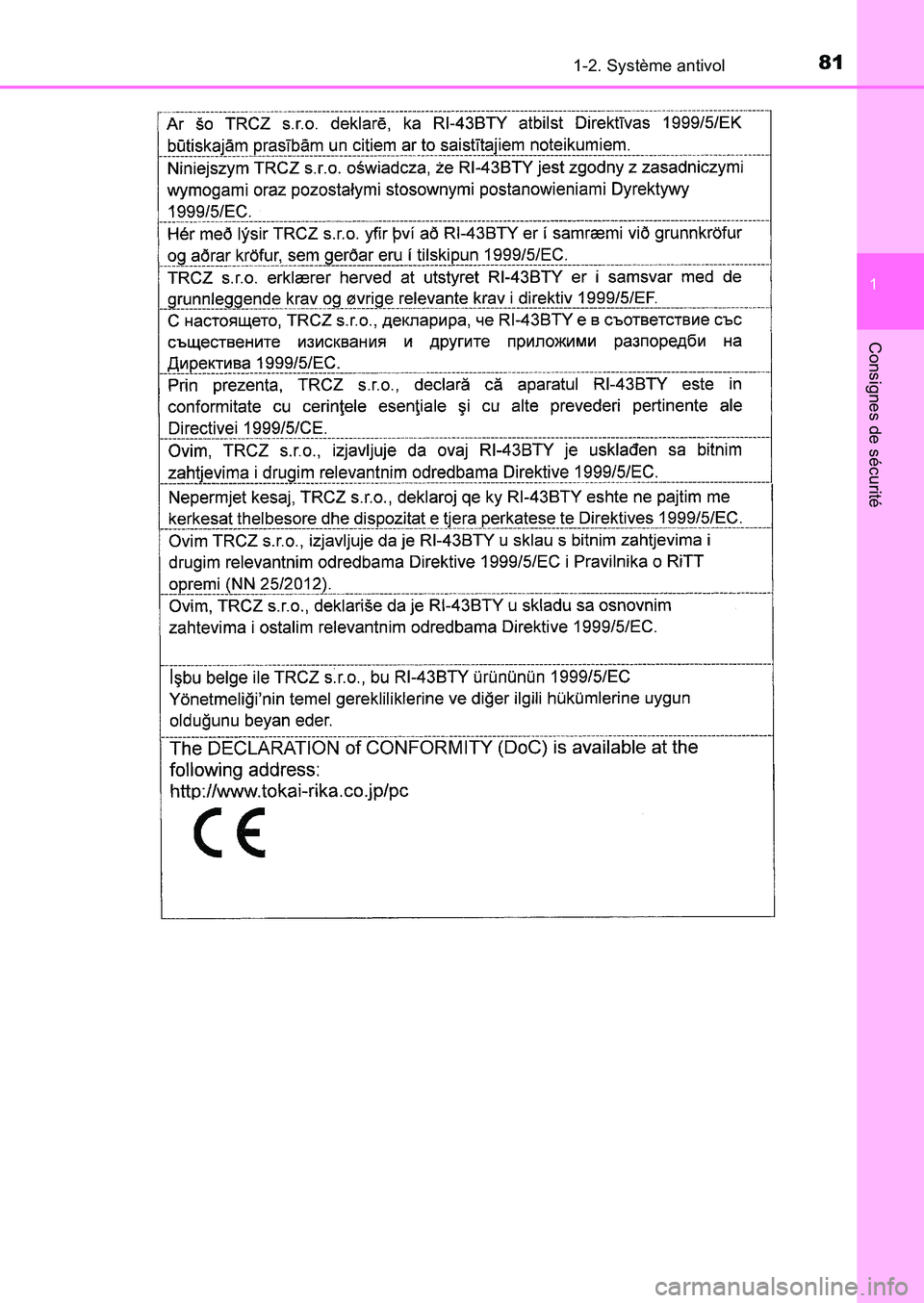 TOYOTA AURIS 2017  Notices Demploi (in French) 811-2. Système antivol
1
Consignes de sécurité
UK_AURIS_HB_EK (OM12K98K) 