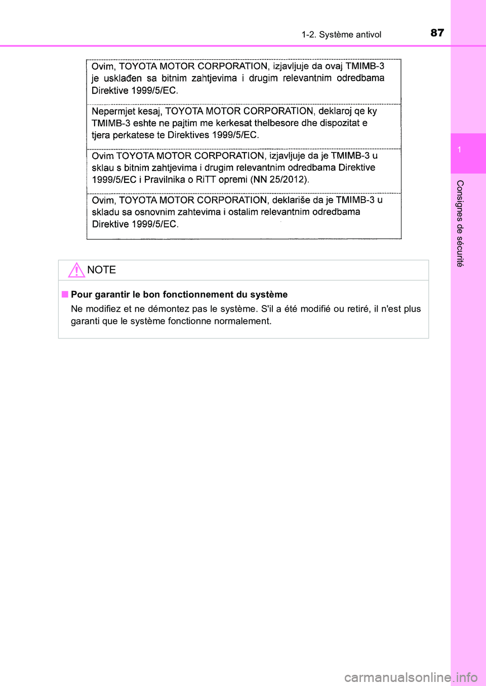 TOYOTA AURIS 2017  Notices Demploi (in French) 871-2. Système antivol
1
Consignes de sécurité
UK_AURIS_HB_EK (OM12K98K)
NOTE
■Pour garantir le bon fonctionnement du système 
Ne modifiez et ne démontez pas le système. Sil a été modifié 