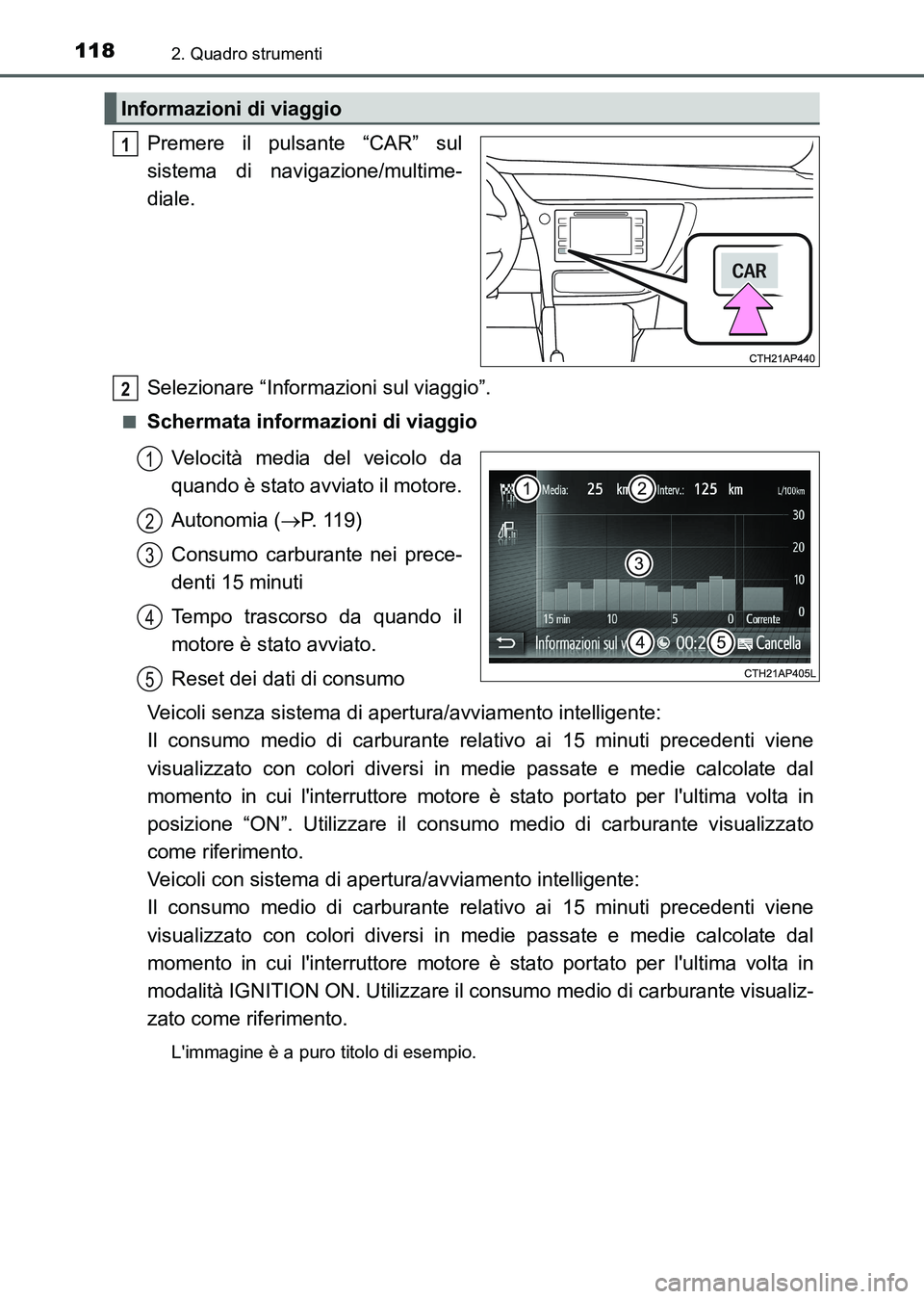 TOYOTA AURIS 2017 Manuale duso (in Italian) 1182. Quadro strumenti
UK_AURIS_HB_EL (OM12L01L)
Premere il pulsante “CAR” sul
sistema di navigazione/multime-
diale.
Selezionare “Informazioni sul viaggio”.
■Schermata informazioni di viagg TOYOTA AURIS 2017 Manuale duso (in Italian) 1182. Quadro strumenti
UK_AURIS_HB_EL (OM12L01L)
Premere il pulsante “CAR” sul
sistema di navigazione/multime-
diale.
Selezionare “Informazioni sul viaggio”.
■Schermata informazioni di viagg