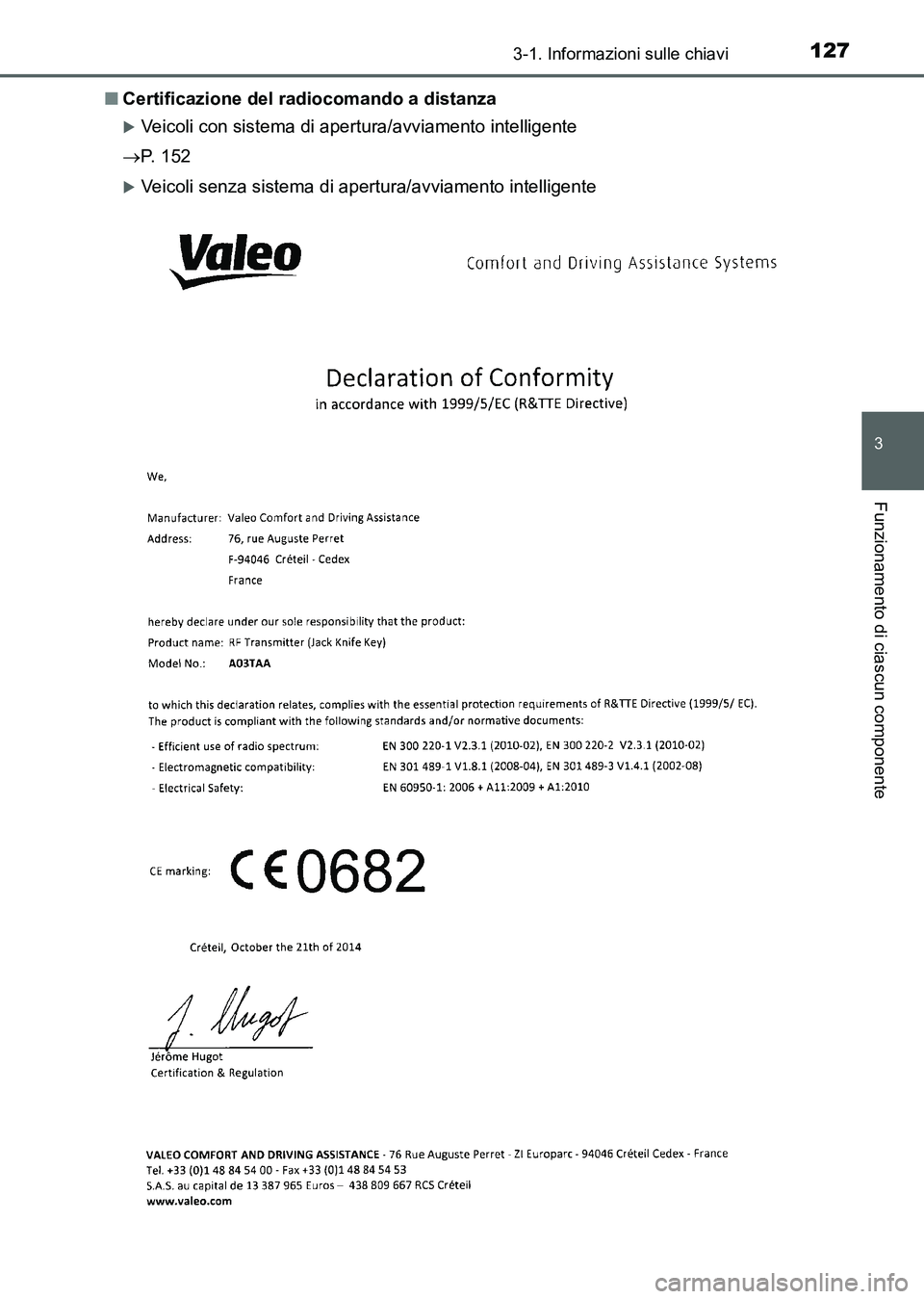 TOYOTA AURIS 2017  Manuale duso (in Italian) 1273-1. Informazioni sulle chiavi
3
Funzionamento di ciascun componente
UK_AURIS_HB_EL (OM12L01L)■Certificazione del radiocomando a distanza
Veicoli con sistema di apertura/avviamento intelligent