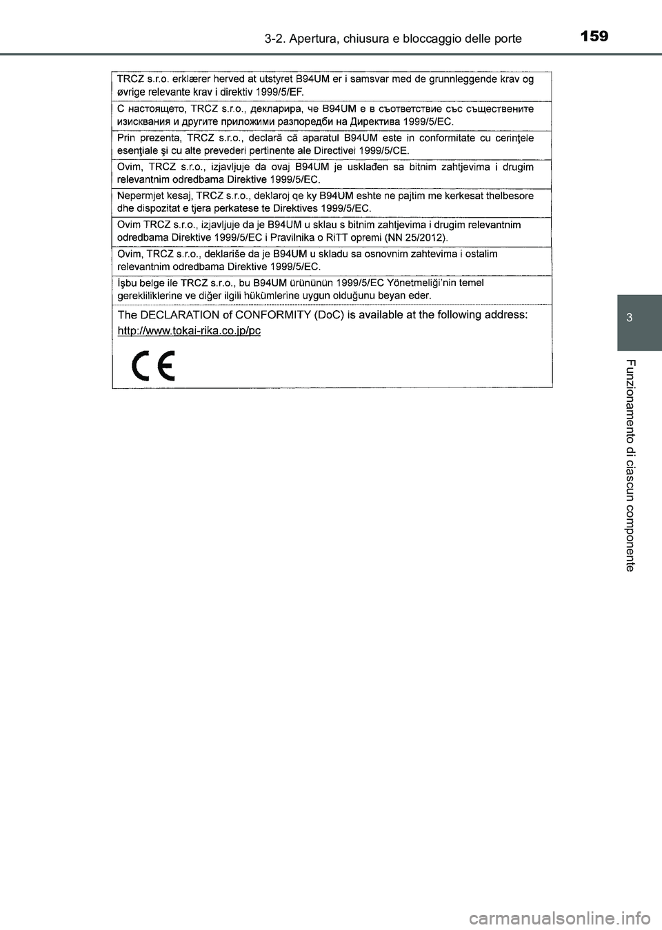 TOYOTA AURIS 2017  Manuale duso (in Italian) 1593-2. Apertura, chiusura e bloccaggio delle porte
3
Funzionamento di ciascun componente
UK_AURIS_HB_EL (OM12L01L)
UK AURIS_HB_OM_Italian_OM12L01L.book  159 ページ  ２０１６年６月２８日