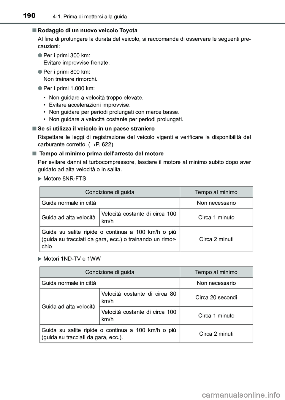 TOYOTA AURIS 2017 Manuale duso (in Italian) 1904-1. Prima di mettersi alla guida
UK_AURIS_HB_EL (OM12L01L)■Rodaggio di un nuovo veicolo Toyota
Al fine di prolungare la durata del veicolo, si raccomanda di osservare le seguenti pre-
cauzioni:
TOYOTA AURIS 2017 Manuale duso (in Italian) 1904-1. Prima di mettersi alla guida
UK_AURIS_HB_EL (OM12L01L)■Rodaggio di un nuovo veicolo Toyota
Al fine di prolungare la durata del veicolo, si raccomanda di osservare le seguenti pre-
cauzioni: