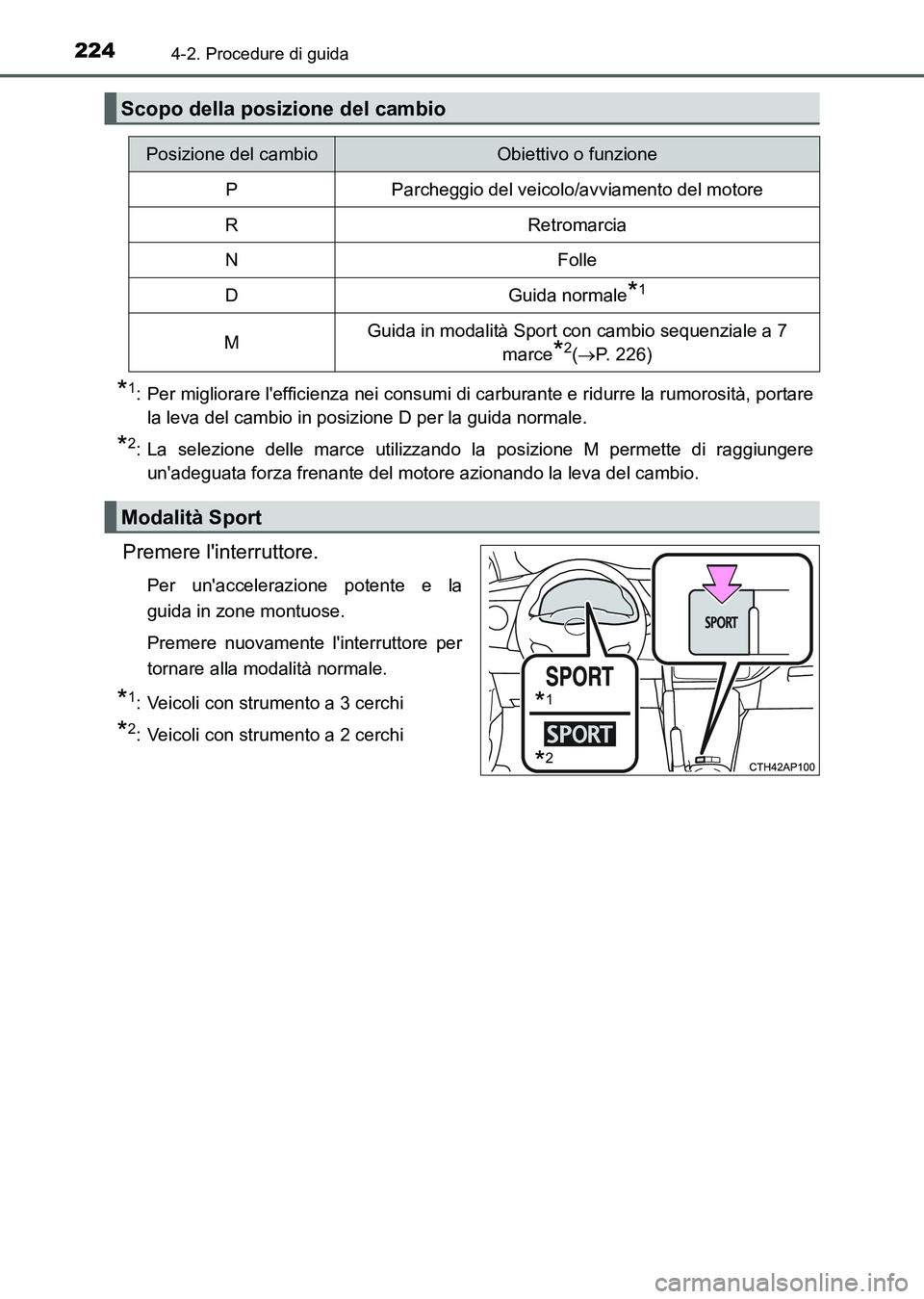 TOYOTA AURIS 2017 Manuale duso (in Italian) 2244-2. Procedure di guida
UK_AURIS_HB_EL (OM12L01L)
*1: Per migliorare lefficienza nei consumi di carburante e ridurre la rumorosità, portare
la leva del cambio in posizione D per la guida normale. TOYOTA AURIS 2017 Manuale duso (in Italian) 2244-2. Procedure di guida
UK_AURIS_HB_EL (OM12L01L)
*1: Per migliorare lefficienza nei consumi di carburante e ridurre la rumorosità, portare
la leva del cambio in posizione D per la guida normale.