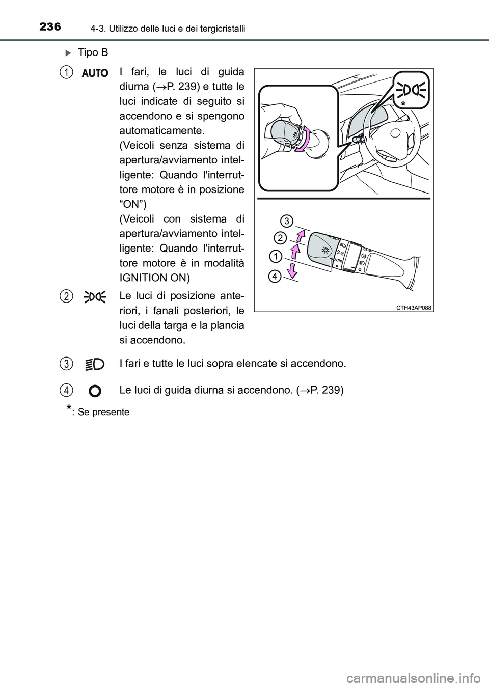 TOYOTA AURIS 2017 Manuale duso (in Italian) 2364-3. Utilizzo delle luci e dei tergicristalli
UK_AURIS_HB_EL (OM12L01L)
Tipo B
I fari, le luci di guida
diurna (P. 239) e tutte le
luci indicate di seguito si
accendono e si spengono
automati TOYOTA AURIS 2017 Manuale duso (in Italian) 2364-3. Utilizzo delle luci e dei tergicristalli
UK_AURIS_HB_EL (OM12L01L)
Tipo B
I fari, le luci di guida
diurna (P. 239) e tutte le
luci indicate di seguito si
accendono e si spengono
automati