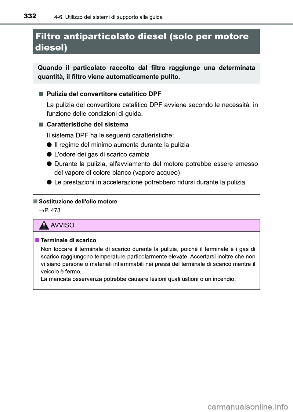 TOYOTA AURIS 2017 Manuale duso (in Italian) 3324-6. Utilizzo dei sistemi di supporto alla guida
UK_AURIS_HB_EL (OM12L01L)■
Pulizia del convertitore catalitico DPF
La pulizia del convertitore catalitico DPF avviene secondo le necessità, in
fu TOYOTA AURIS 2017 Manuale duso (in Italian) 3324-6. Utilizzo dei sistemi di supporto alla guida
UK_AURIS_HB_EL (OM12L01L)■
Pulizia del convertitore catalitico DPF
La pulizia del convertitore catalitico DPF avviene secondo le necessità, in
fu