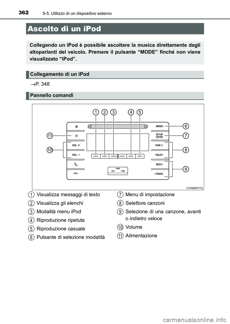 TOYOTA AURIS 2017  Manuale duso (in Italian) 362
UK_AURIS_HB_EL (OM12L01L)
5-5. Utilizzo di un dispositivo esterno
P. 348
Ascolto di un iPod
Collegando un iPod è possibile ascoltare la musica direttamente dagli
altoparlanti del veicolo. Prem