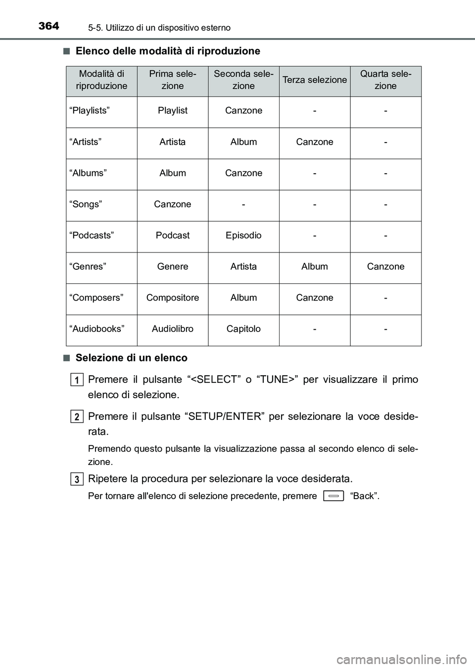 TOYOTA AURIS 2017  Manuale duso (in Italian) 3645-5. Utilizzo di un dispositivo esterno
UK_AURIS_HB_EL (OM12L01L)■
Elenco delle modalità di riproduzione
■Selezione di un elenco
Premere il pulsante “<SELECT” o “TUNE>” per visualizzar