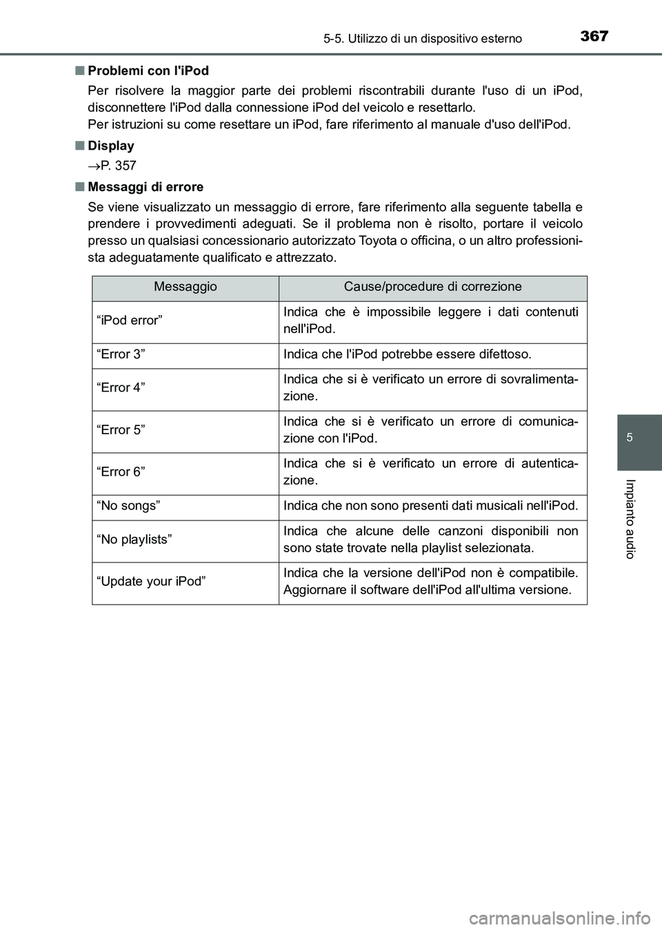 TOYOTA AURIS 2017  Manuale duso (in Italian) 3675-5. Utilizzo di un dispositivo esterno
5
Impianto audio
UK_AURIS_HB_EL (OM12L01L)■Problemi con liPod
Per risolvere la maggior parte dei problemi riscontrabili durante luso di un iPod,
disconne