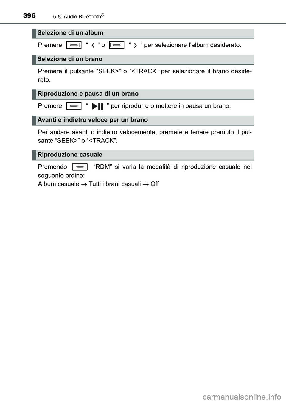 TOYOTA AURIS 2017  Manuale duso (in Italian) 3965-8. Audio Bluetooth®
UK_AURIS_HB_EL (OM12L01L)
Premere   “ ” o   “ ” per selezionare lalbum desiderato.
Premere il pulsante “SEEK>” o “<TRACK” per selezionare il brano deside-
ra