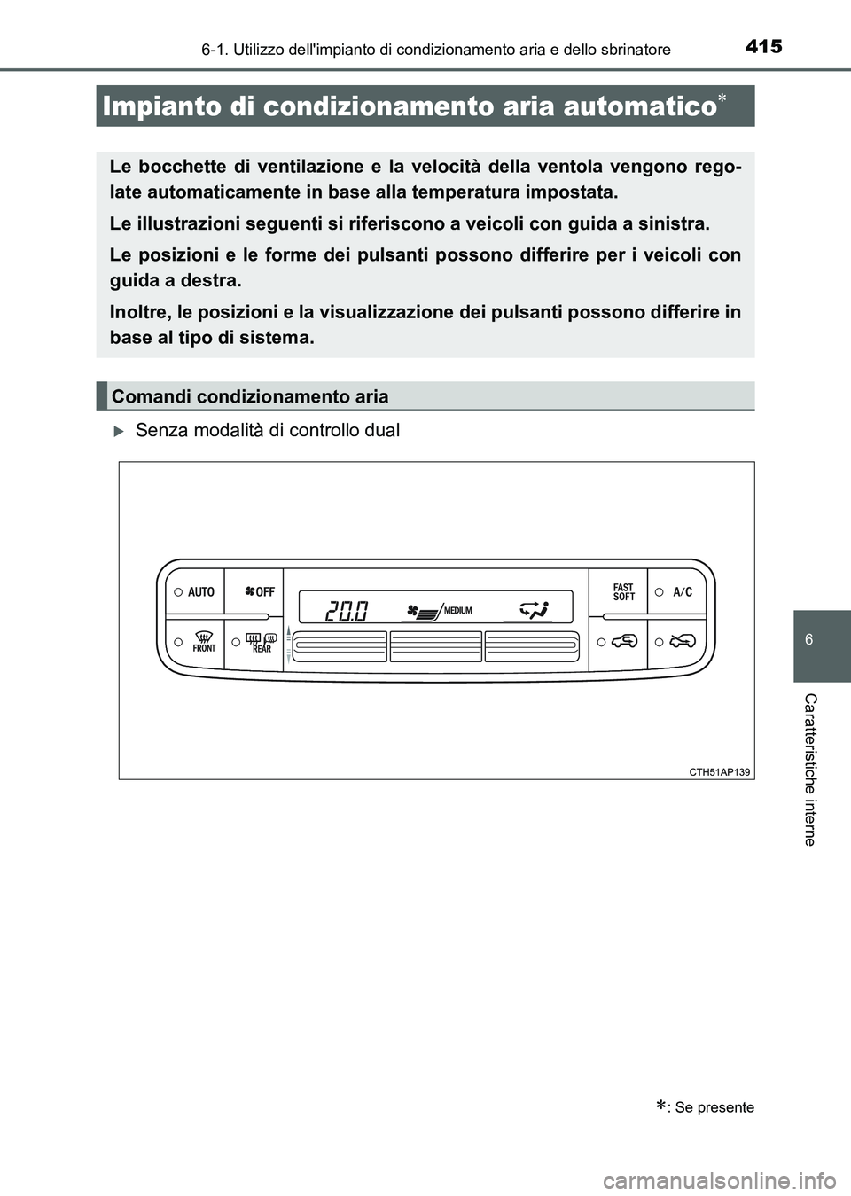TOYOTA AURIS 2017 Manuale duso (in Italian) 4156-1. Utilizzo dellimpianto di condizionamento aria e dello sbrinatore
6
Caratteristiche interne
UK_AURIS_HB_EL (OM12L01L)
Senza modalità di controllo dual
Impianto di condizionamento aria auto TOYOTA AURIS 2017 Manuale duso (in Italian) 4156-1. Utilizzo dellimpianto di condizionamento aria e dello sbrinatore
6
Caratteristiche interne
UK_AURIS_HB_EL (OM12L01L)
Senza modalità di controllo dual
Impianto di condizionamento aria auto