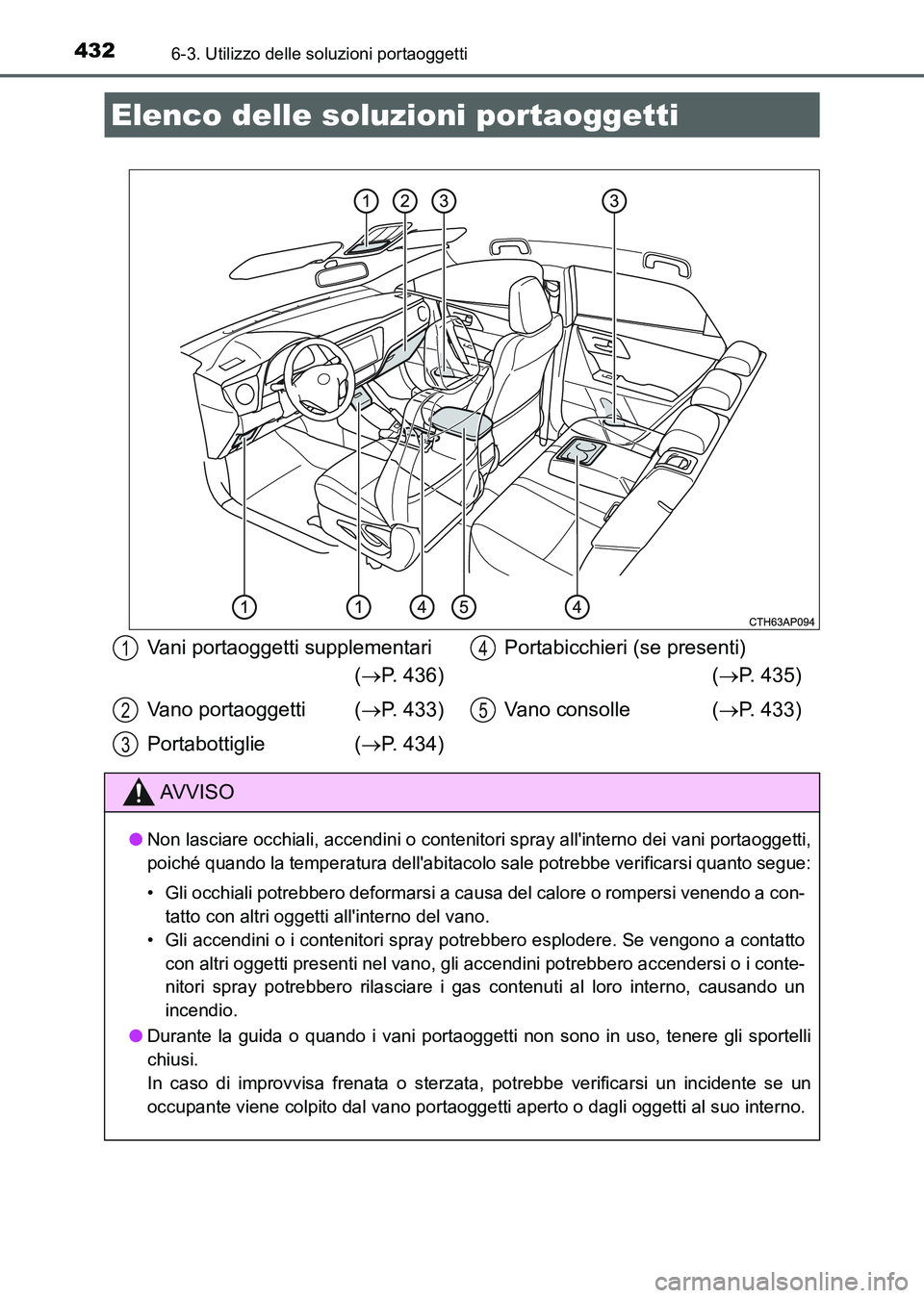 TOYOTA AURIS 2017 Manuale duso (in Italian) 432
UK_AURIS_HB_EL (OM12L01L)
6-3. Utilizzo delle soluzioni portaoggetti
Elenco delle soluzioni portaoggetti
Vani portaoggetti supplementari
(P. 436)
Vano portaoggetti (P. 433)
Portabottiglie ( TOYOTA AURIS 2017 Manuale duso (in Italian) 432
UK_AURIS_HB_EL (OM12L01L)
6-3. Utilizzo delle soluzioni portaoggetti
Elenco delle soluzioni portaoggetti
Vani portaoggetti supplementari
(P. 436)
Vano portaoggetti (P. 433)
Portabottiglie (