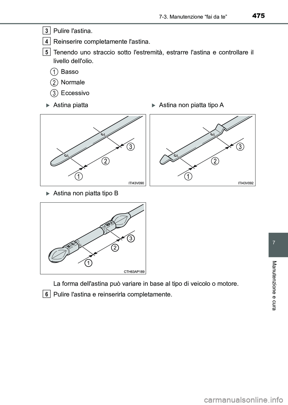 TOYOTA AURIS 2017 Manuale duso (in Italian) 4757-3. Manutenzione “fai da te”
7
Manutenzione e cura
UK_AURIS_HB_EL (OM12L01L)
Pulire lastina.
Reinserire completamente lastina.
Tenendo uno straccio sotto lestremità, estrarre lastina e co TOYOTA AURIS 2017 Manuale duso (in Italian) 4757-3. Manutenzione “fai da te”
7
Manutenzione e cura
UK_AURIS_HB_EL (OM12L01L)
Pulire lastina.
Reinserire completamente lastina.
Tenendo uno straccio sotto lestremità, estrarre lastina e co