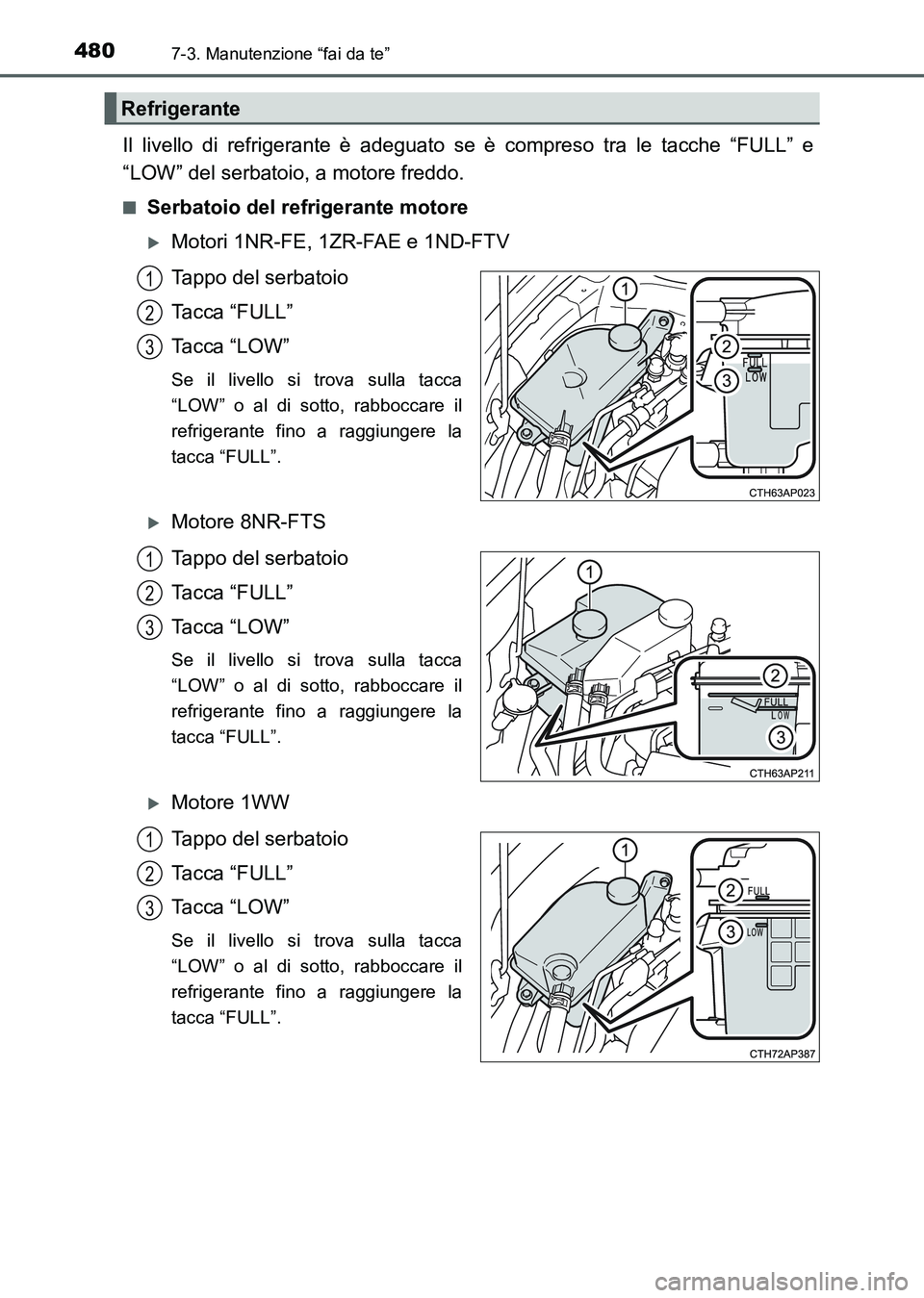 TOYOTA AURIS 2017 Manuale duso (in Italian) 4807-3. Manutenzione “fai da te”
UK_AURIS_HB_EL (OM12L01L)
Il livello di refrigerante è adeguato se è compreso tra le tacche “FULL” e
“LOW” del serbatoio, a motore freddo.
■Serbatoio d TOYOTA AURIS 2017 Manuale duso (in Italian) 4807-3. Manutenzione “fai da te”
UK_AURIS_HB_EL (OM12L01L)
Il livello di refrigerante è adeguato se è compreso tra le tacche “FULL” e
“LOW” del serbatoio, a motore freddo.
■Serbatoio d