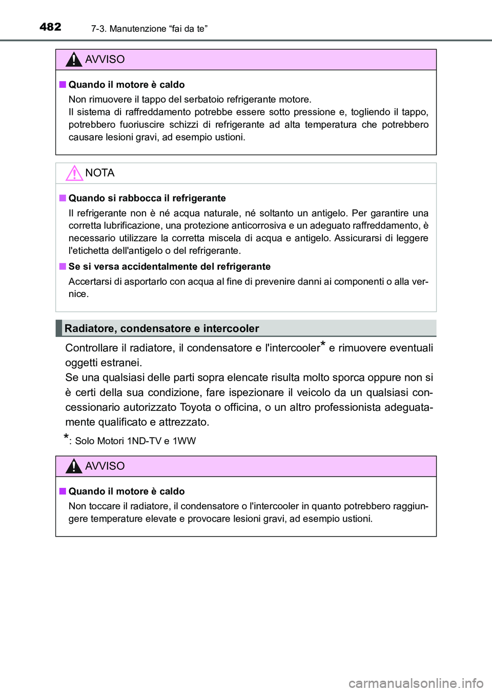 TOYOTA AURIS 2017 Manuale duso (in Italian) 4827-3. Manutenzione “fai da te”
UK_AURIS_HB_EL (OM12L01L)
Controllare il radiatore, il condensatore e lintercooler* e rimuovere eventuali
oggetti estranei.
Se una qualsiasi delle parti sopra el TOYOTA AURIS 2017 Manuale duso (in Italian) 4827-3. Manutenzione “fai da te”
UK_AURIS_HB_EL (OM12L01L)
Controllare il radiatore, il condensatore e lintercooler* e rimuovere eventuali
oggetti estranei.
Se una qualsiasi delle parti sopra el