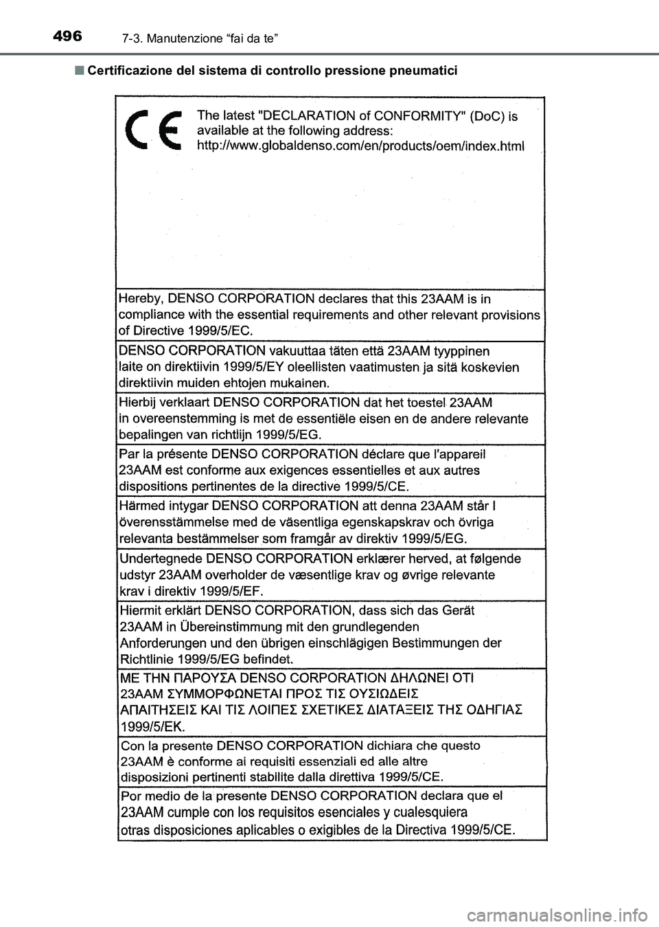 TOYOTA AURIS 2017 Manuale duso (in Italian) 4967-3. Manutenzione “fai da te”
UK_AURIS_HB_EL (OM12L01L)■Certificazione del sistema di controllo pressione pneumatici
UK AURIS_HB_OM_Italian_OM12L01L.book 496 ページ 2016年6月 TOYOTA AURIS 2017 Manuale duso (in Italian) 4967-3. Manutenzione “fai da te”
UK_AURIS_HB_EL (OM12L01L)■Certificazione del sistema di controllo pressione pneumatici
UK AURIS_HB_OM_Italian_OM12L01L.book 496 ページ 2016年6月