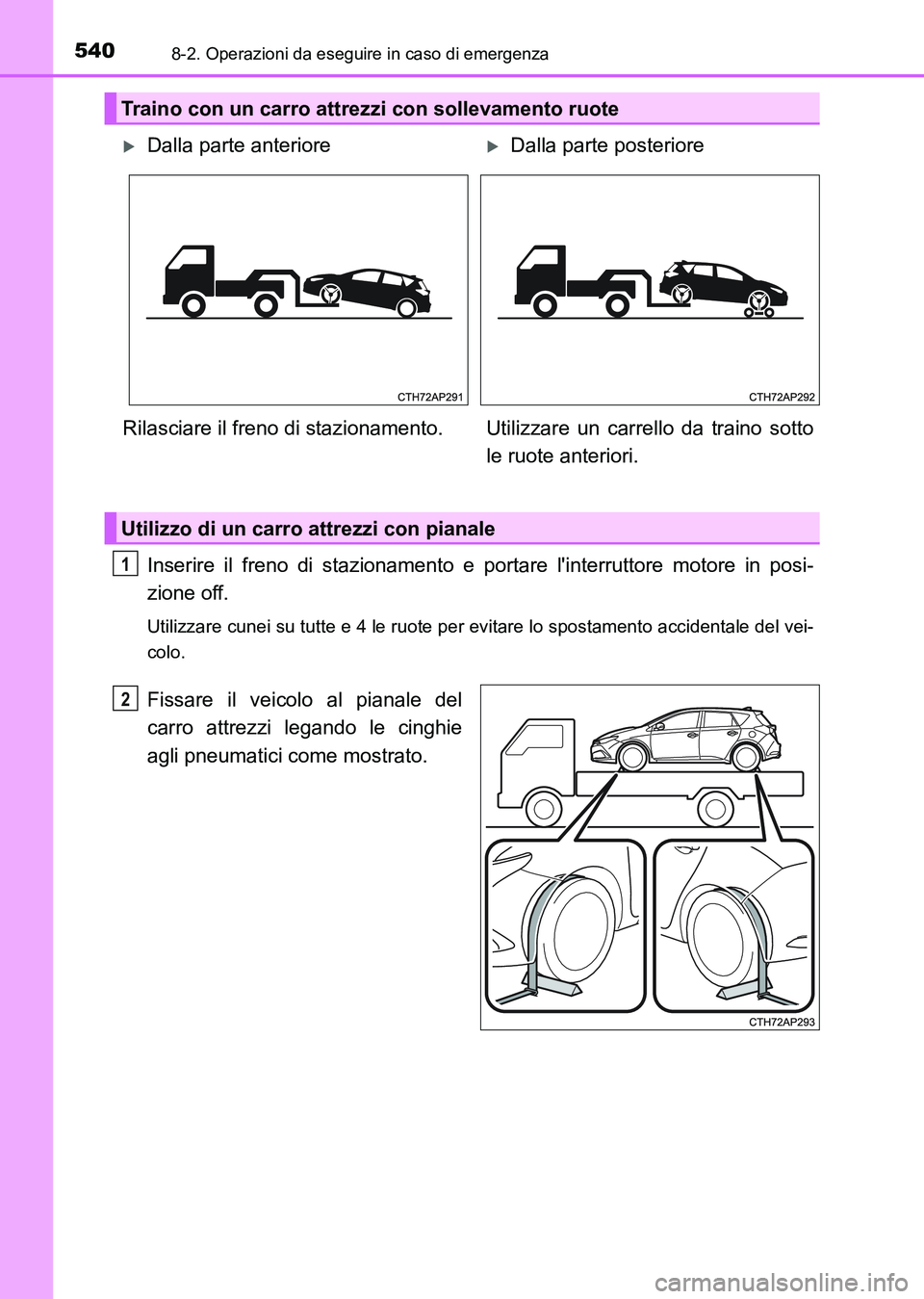 TOYOTA AURIS 2017 Manuale duso (in Italian) 5408-2. Operazioni da eseguire in caso di emergenza
UK_AURIS_HB_EL (OM12L01L)
Inserire il freno di stazionamento e portare linterruttore motore in posi-
zione off.
Utilizzare cunei su tutte e 4 le ru TOYOTA AURIS 2017 Manuale duso (in Italian) 5408-2. Operazioni da eseguire in caso di emergenza
UK_AURIS_HB_EL (OM12L01L)
Inserire il freno di stazionamento e portare linterruttore motore in posi-
zione off.
Utilizzare cunei su tutte e 4 le ru