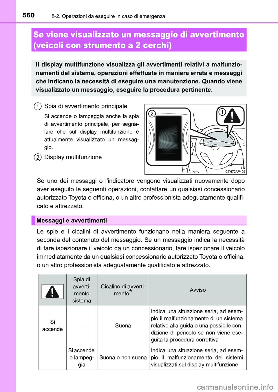 TOYOTA AURIS 2017 Manuale duso (in Italian) 5608-2. Operazioni da eseguire in caso di emergenza
UK_AURIS_HB_EL (OM12L01L)
Spia di avvertimento principale
Si accende o lampeggia anche la spia
di avvertimento principale, per segna-
lare che sul d TOYOTA AURIS 2017 Manuale duso (in Italian) 5608-2. Operazioni da eseguire in caso di emergenza
UK_AURIS_HB_EL (OM12L01L)
Spia di avvertimento principale
Si accende o lampeggia anche la spia
di avvertimento principale, per segna-
lare che sul d