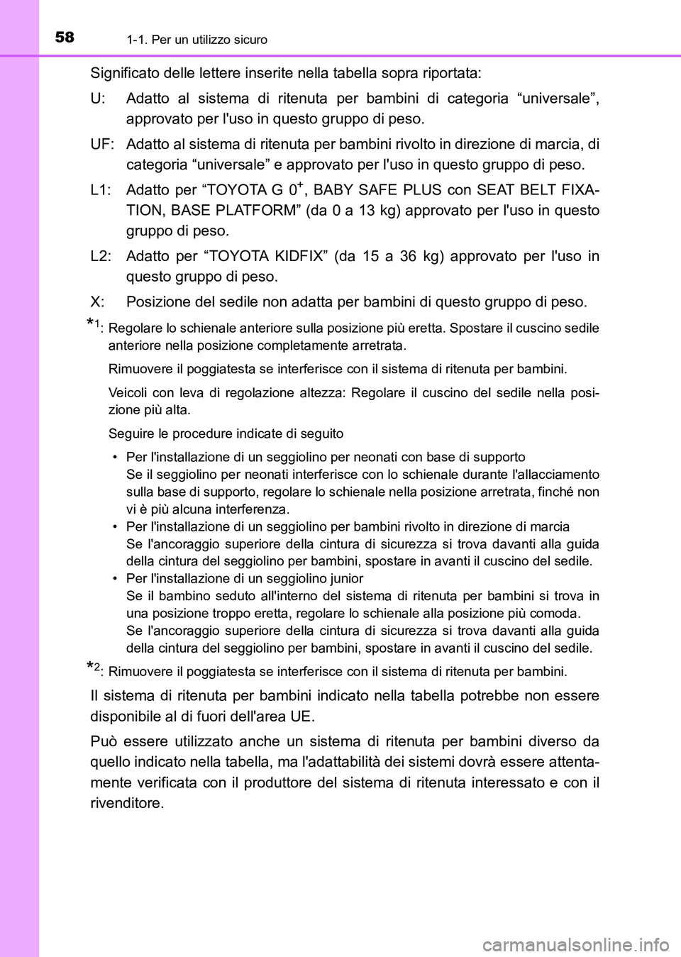 TOYOTA AURIS 2017  Manuale duso (in Italian) 581-1. Per un utilizzo sicuro
UK_AURIS_HB_EL (OM12L01L)
Significato delle lettere inserite nella tabella sopra riportata:
U: Adatto al sistema di ritenuta per bambini di categoria “universale”,
ap
