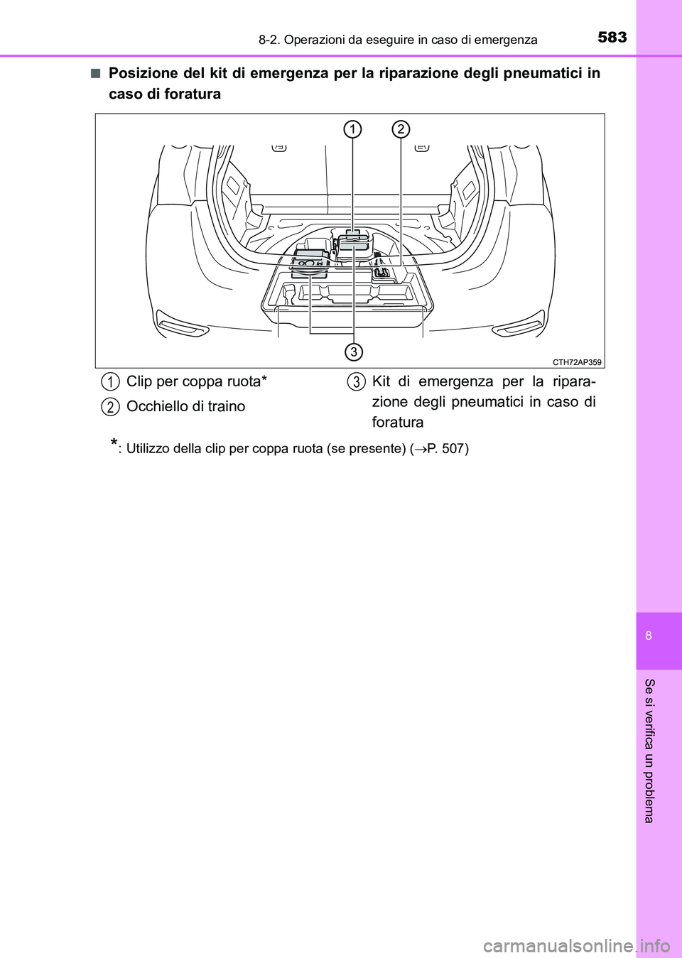TOYOTA AURIS 2017 Manuale duso (in Italian) 5838-2. Operazioni da eseguire in caso di emergenza
8
Se si verifica un problema
UK_AURIS_HB_EL (OM12L01L)■
Posizione del kit di emergenza per la riparazione degli pneumatici in
caso di foratura
*: TOYOTA AURIS 2017 Manuale duso (in Italian) 5838-2. Operazioni da eseguire in caso di emergenza
8
Se si verifica un problema
UK_AURIS_HB_EL (OM12L01L)■
Posizione del kit di emergenza per la riparazione degli pneumatici in
caso di foratura
*: