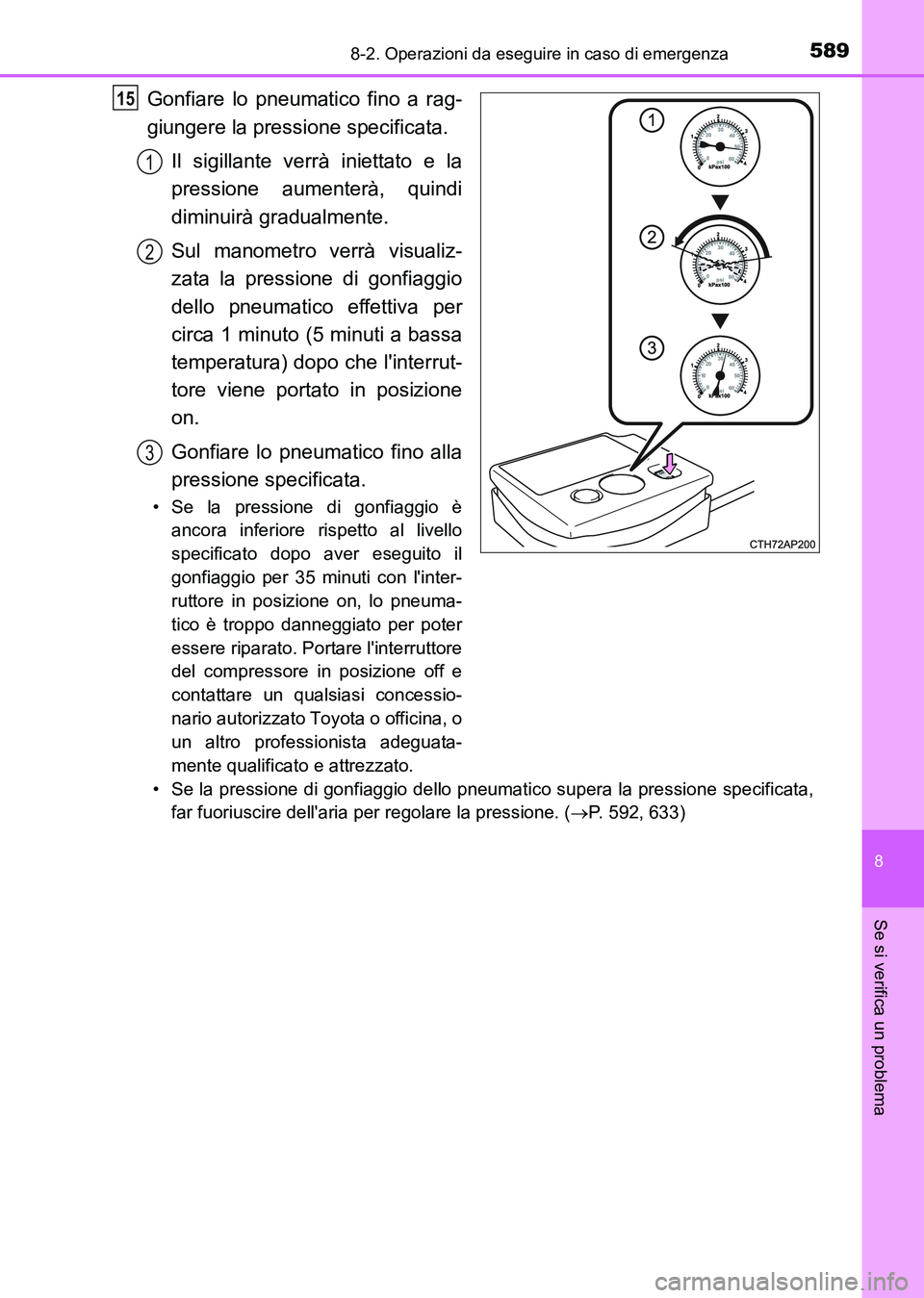 TOYOTA AURIS 2017 Manuale duso (in Italian) 5898-2. Operazioni da eseguire in caso di emergenza
8
Se si verifica un problema
UK_AURIS_HB_EL (OM12L01L)
Gonfiare lo pneumatico fino a rag-
giungere la pressione specificata.
Il sigillante verrà in TOYOTA AURIS 2017 Manuale duso (in Italian) 5898-2. Operazioni da eseguire in caso di emergenza
8
Se si verifica un problema
UK_AURIS_HB_EL (OM12L01L)
Gonfiare lo pneumatico fino a rag-
giungere la pressione specificata.
Il sigillante verrà in