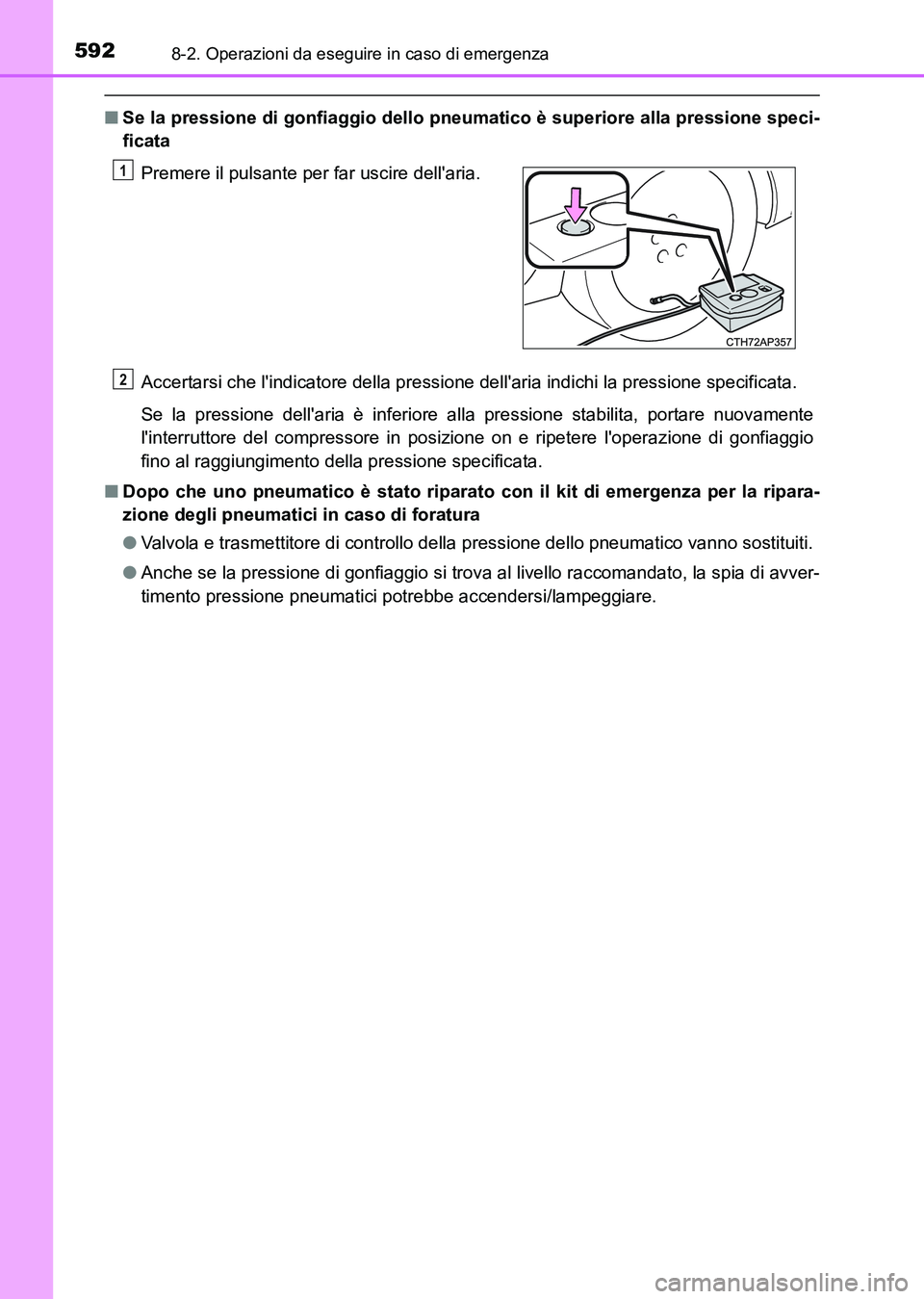 TOYOTA AURIS 2017 Manuale duso (in Italian) 5928-2. Operazioni da eseguire in caso di emergenza
UK_AURIS_HB_EL (OM12L01L)
■Se la pressione di gonfiaggio dello pneumatico è superiore alla pressione speci-
ficata
Accertarsi che lindicatore de TOYOTA AURIS 2017 Manuale duso (in Italian) 5928-2. Operazioni da eseguire in caso di emergenza
UK_AURIS_HB_EL (OM12L01L)
■Se la pressione di gonfiaggio dello pneumatico è superiore alla pressione speci-
ficata
Accertarsi che lindicatore de