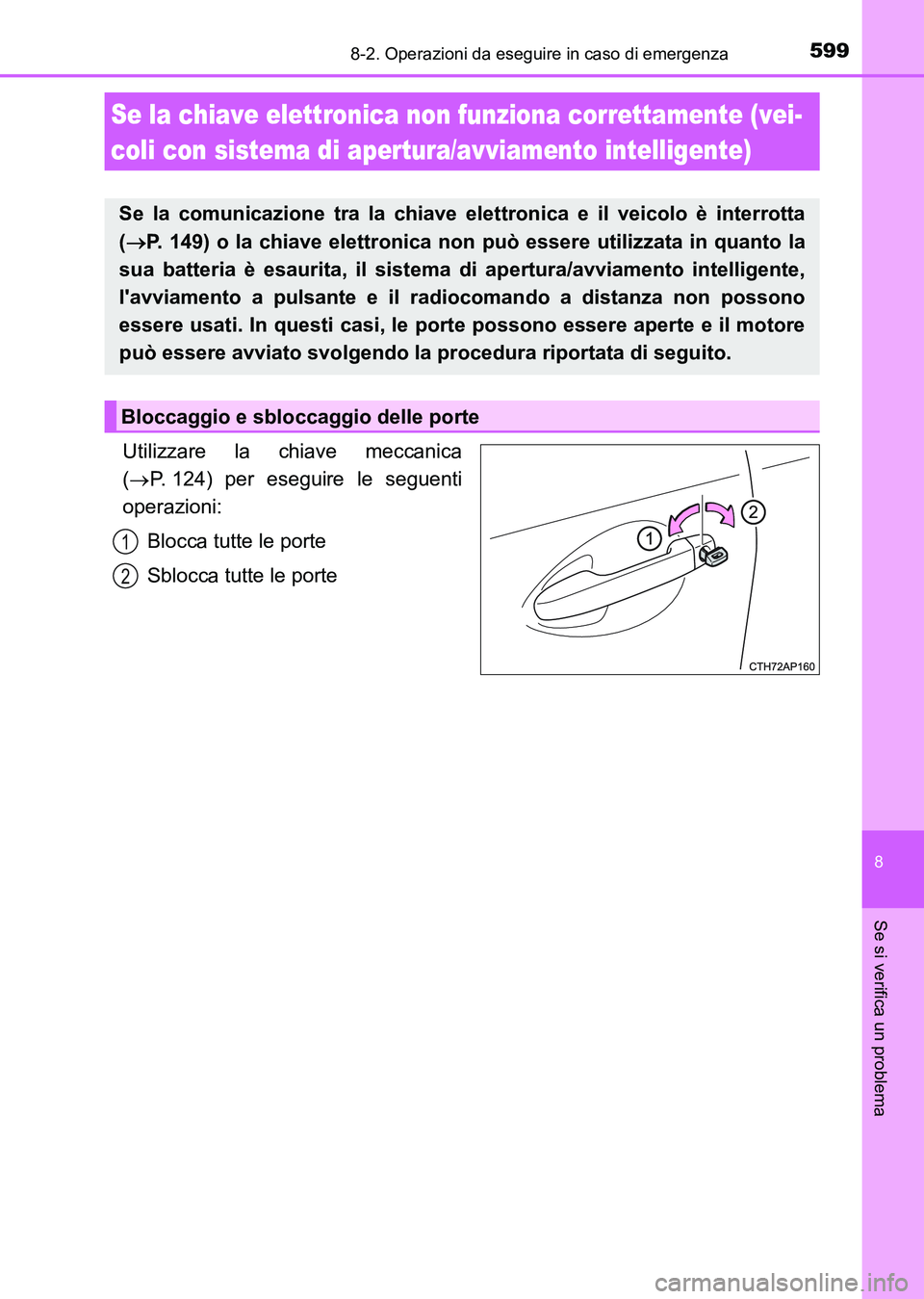 TOYOTA AURIS 2017 Manuale duso (in Italian) 5998-2. Operazioni da eseguire in caso di emergenza
8
Se si verifica un problema
UK_AURIS_HB_EL (OM12L01L)
Utilizzare la chiave meccanica
(P. 124) per eseguire le seguenti
operazioni:
Blocca tutte TOYOTA AURIS 2017 Manuale duso (in Italian) 5998-2. Operazioni da eseguire in caso di emergenza
8
Se si verifica un problema
UK_AURIS_HB_EL (OM12L01L)
Utilizzare la chiave meccanica
(P. 124) per eseguire le seguenti
operazioni:
Blocca tutte