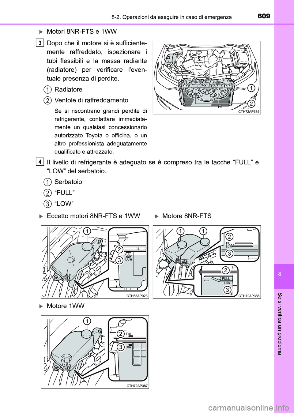 TOYOTA AURIS 2017 Manuale duso (in Italian) 6098-2. Operazioni da eseguire in caso di emergenza
8
Se si verifica un problema
UK_AURIS_HB_EL (OM12L01L)
Motori 8NR-FTS e 1WW
Dopo che il motore si è sufficiente-
mente raffreddato, ispezionare TOYOTA AURIS 2017 Manuale duso (in Italian) 6098-2. Operazioni da eseguire in caso di emergenza
8
Se si verifica un problema
UK_AURIS_HB_EL (OM12L01L)
Motori 8NR-FTS e 1WW
Dopo che il motore si è sufficiente-
mente raffreddato, ispezionare