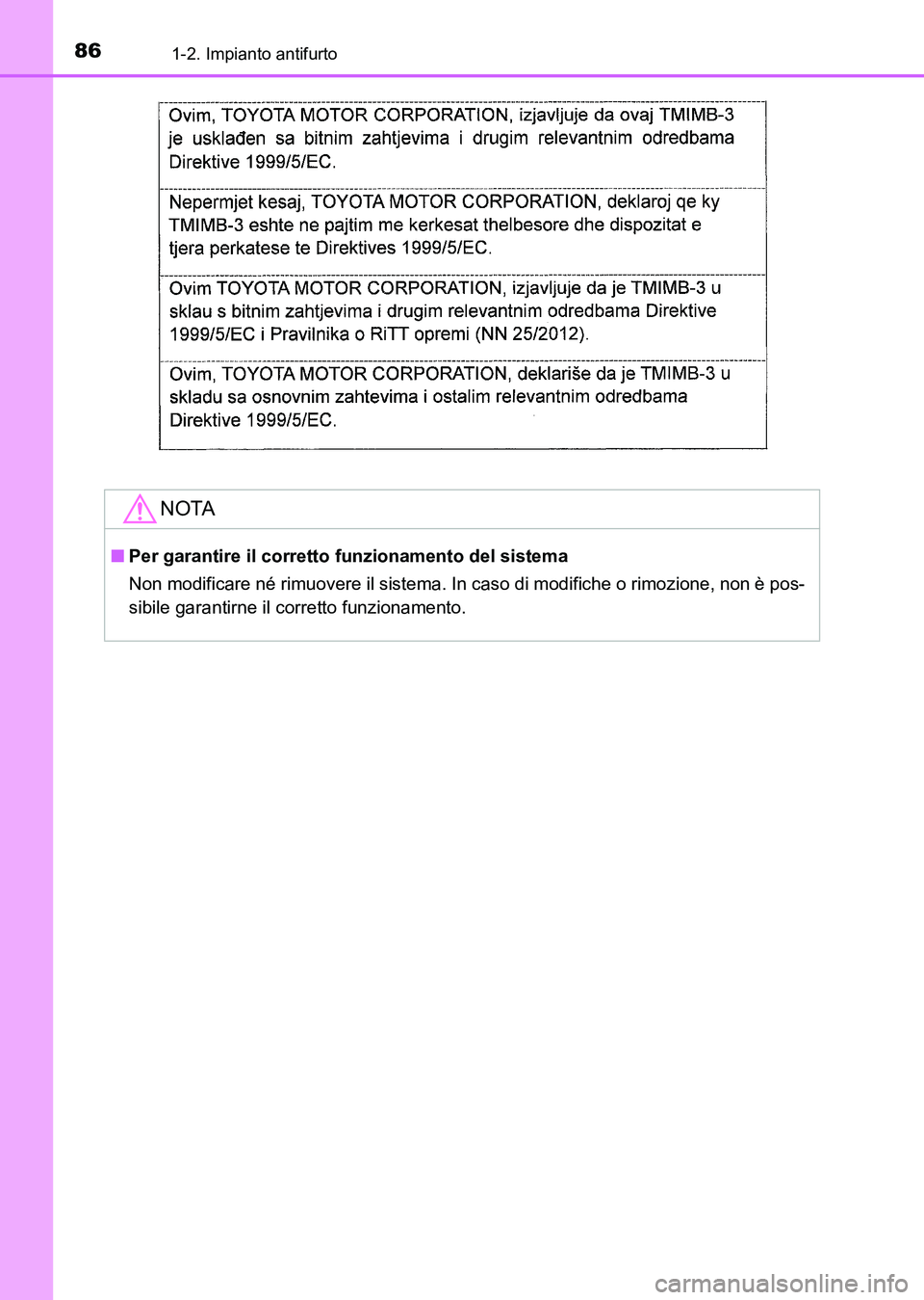 TOYOTA AURIS 2017  Manuale duso (in Italian) 861-2. Impianto antifurto
UK_AURIS_HB_EL (OM12L01L)
NOTA
■Per garantire il corretto funzionamento del sistema
Non modificare né rimuovere il sistema. In caso di modifiche o rimozione, non è pos-
s