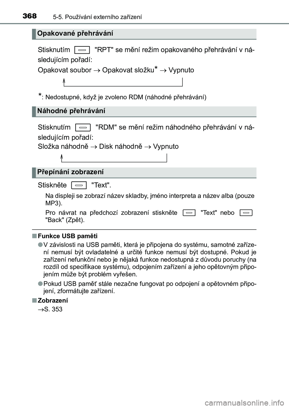 TOYOTA AURIS 2017 Návod na použití (in Czech) 3685-5. Používání externího zařízení
UK AURIS HB EE (OM12K97CZ)
Stisknutím "RPT" se mění režim opakovaného přehrávání v ná-
sledujícím pořadí:
Opakovat soubor O TOYOTA AURIS 2017 Návod na použití (in Czech) 3685-5. Používání externího zařízení
UK AURIS HB EE (OM12K97CZ)
Stisknutím "RPT" se mění režim opakovaného přehrávání v ná-
sledujícím pořadí:
Opakovat soubor O