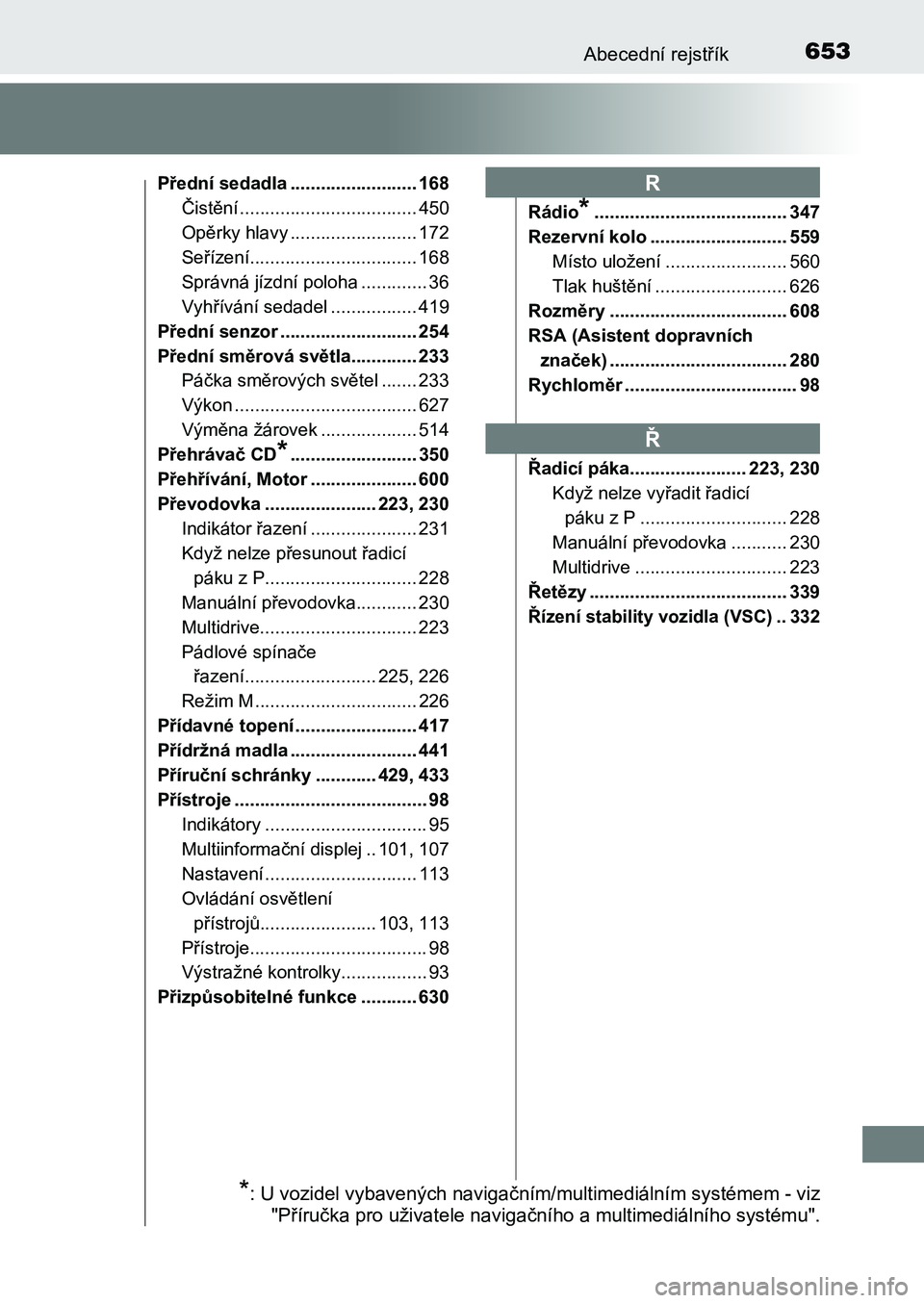 TOYOTA AURIS 2017 Návod na použití (in Czech) 653Abecední rejstřík
UK AURIS HB EE (OM12K97CZ)
Přední sedadla ......................... 168
Čistění ................................... 450
Opěrky hlavy ......................... 172
Seří TOYOTA AURIS 2017 Návod na použití (in Czech) 653Abecední rejstřík
UK AURIS HB EE (OM12K97CZ)
Přední sedadla ......................... 168
Čistění ................................... 450
Opěrky hlavy ......................... 172
Seří