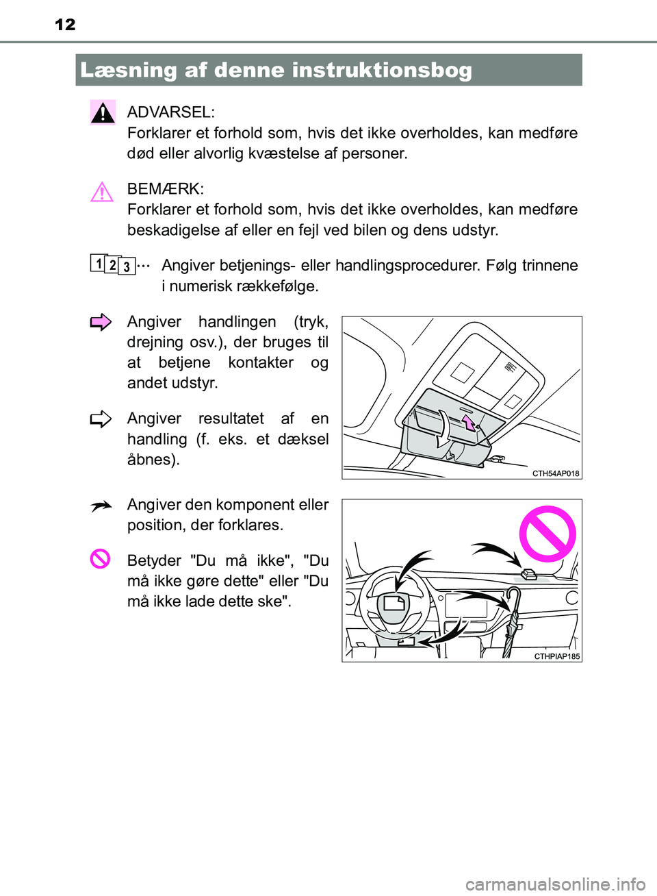 TOYOTA AURIS 2017 Brugsanvisning (in Danish) 12
OM12K97DK
ADVARSEL:
Forklarer et forhold som, hvis det ikke overholdes, kan medføre
død eller alvorlig kvæstelse af personer.
BEMÆRK:
Forklarer et forhold som, hvis det ikke overholdes, kan TOYOTA AURIS 2017 Brugsanvisning (in Danish) 12
OM12K97DK
ADVARSEL:
Forklarer et forhold som, hvis det ikke overholdes, kan medføre
død eller alvorlig kvæstelse af personer.
BEMÆRK:
Forklarer et forhold som, hvis det ikke overholdes, kan