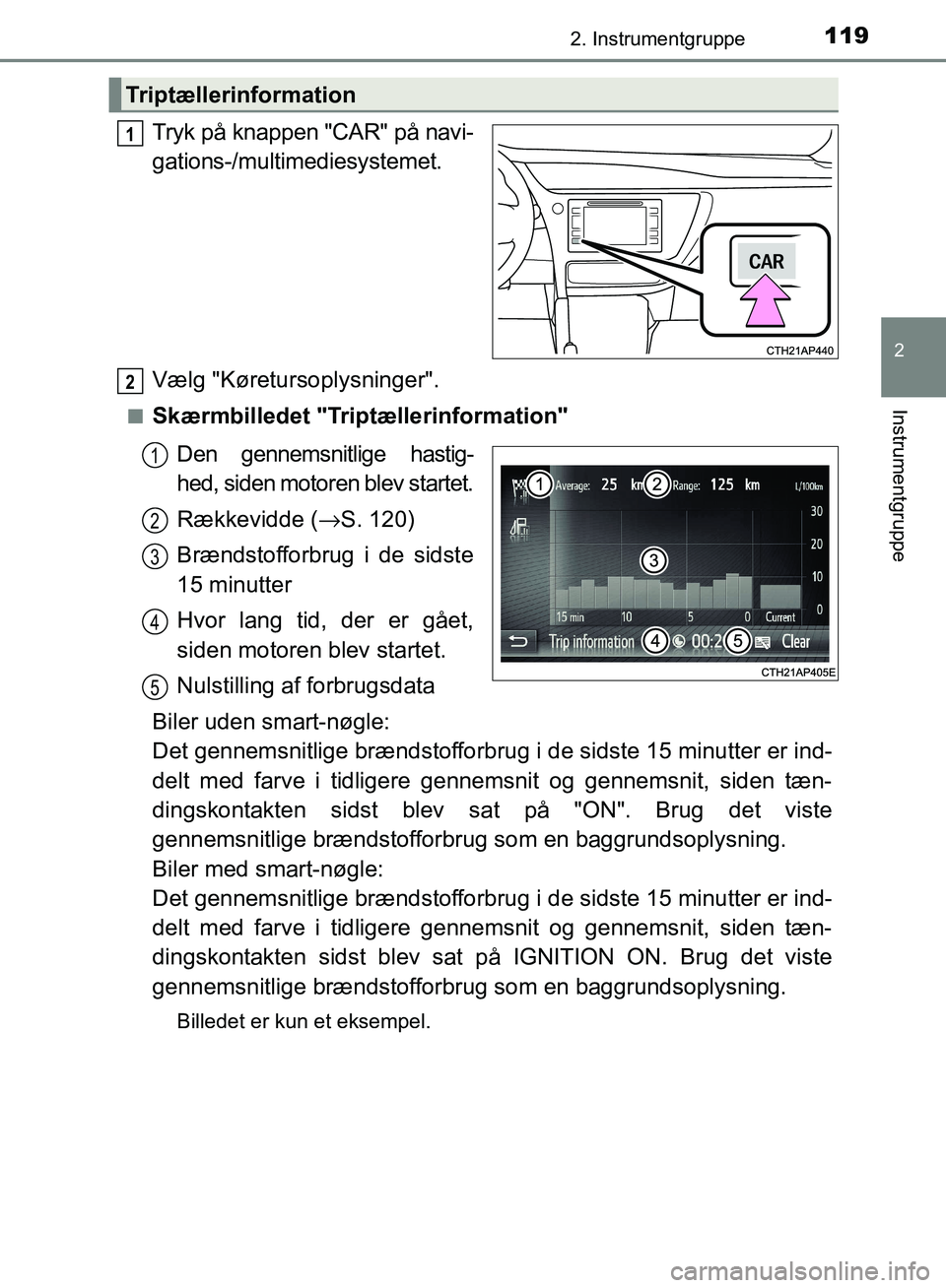 TOYOTA AURIS 2017 Brugsanvisning (in Danish) 1192. Instrumentgruppe
OM12K97DK
2
Instrumentgruppe
Tryk på knappen "CAR" på navi-
gations-/multimediesystemet.
Vælg "Køretursoplysninger".
■Skærmbilledet "Triptællerinformation"
Den gennemsni TOYOTA AURIS 2017 Brugsanvisning (in Danish) 1192. Instrumentgruppe
OM12K97DK
2
Instrumentgruppe
Tryk på knappen "CAR" på navi-
gations-/multimediesystemet.
Vælg "Køretursoplysninger".
■Skærmbilledet "Triptællerinformation"
Den gennemsni