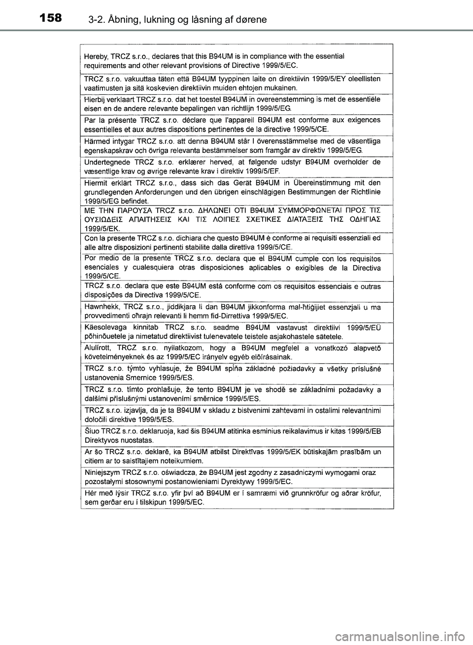 TOYOTA AURIS 2017  Brugsanvisning (in Danish) 1583-2. Åbning, lukning og låsning af dørene
OM12K97DK
OM12K97DK.book  Page 158  Friday, October 21, 2016  3:37 PM 