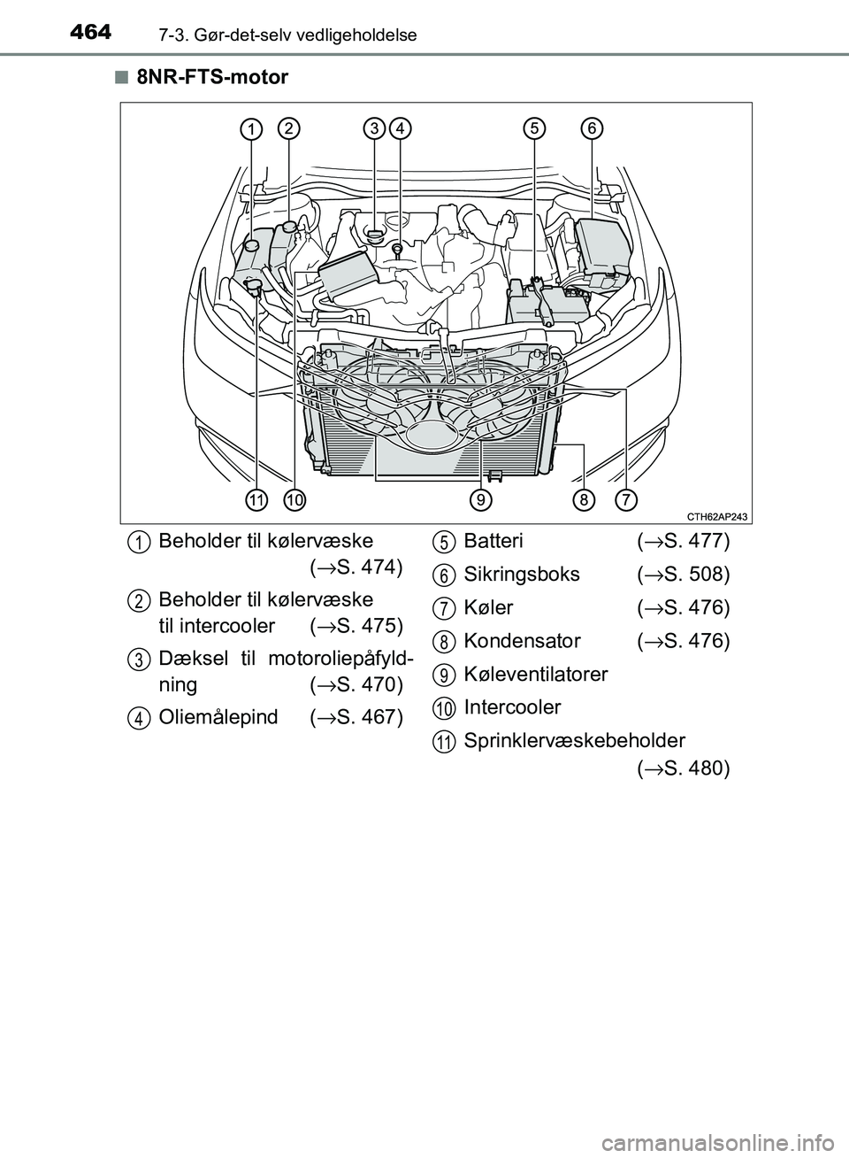 TOYOTA AURIS 2017  Brugsanvisning (in Danish) 4647-3. Gør-det-selv vedligeholdelse
OM12K97DK■
8NR-FTS-motor
Beholder til kølervæske 
(→ S. 474)
Beholder til kølervæske 
til intercooler ( →S. 475)
Dæksel til motoroliepåfyld-
ning (→