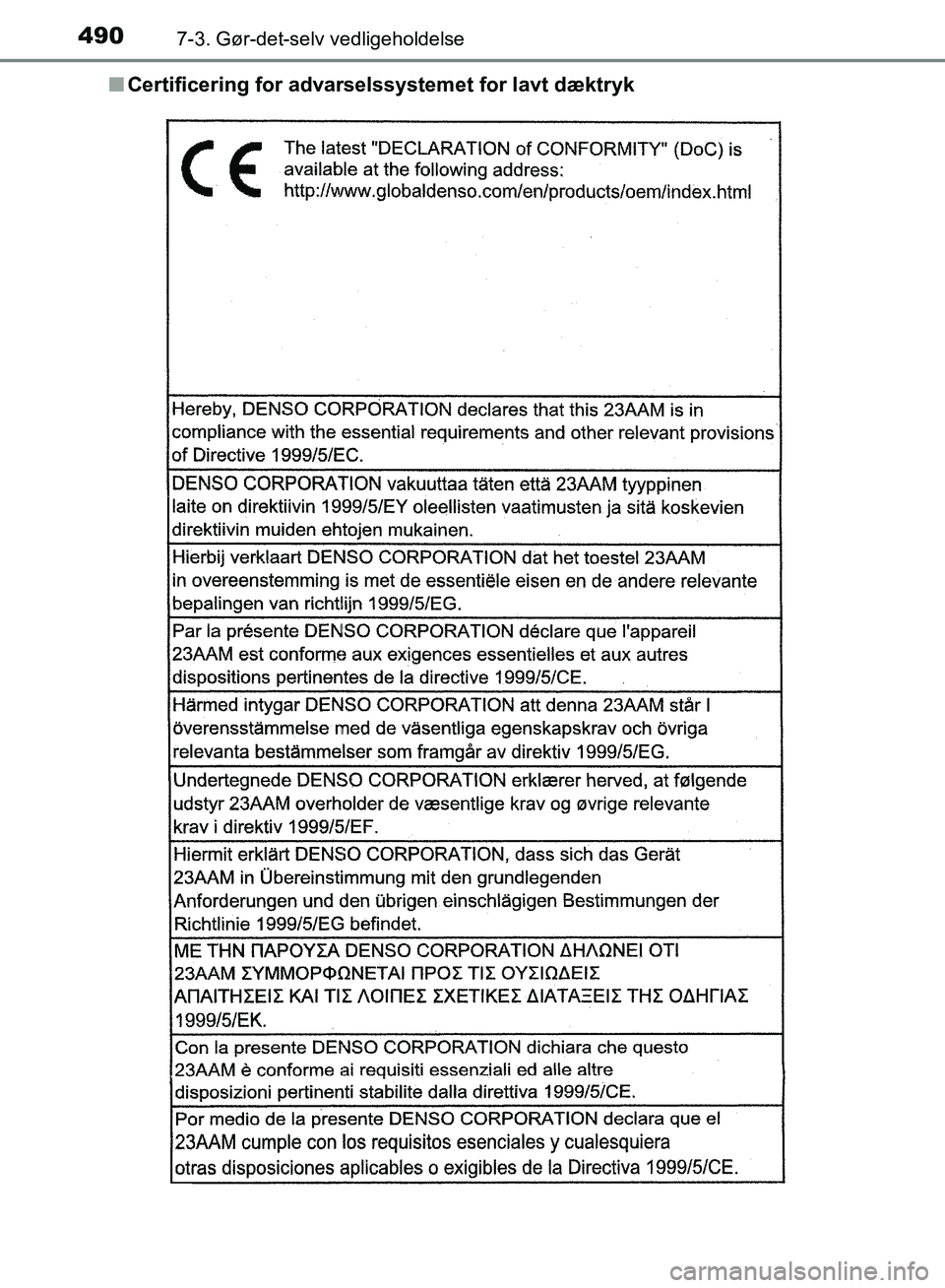 TOYOTA AURIS 2017  Brugsanvisning (in Danish) 4907-3. Gør-det-selv vedligeholdelse
OM12K97DK■
Certificering for advarselssystemet for lavt dæktryk
OM12K97DK.book  Page 490  Friday, October 21, 2016  3:37 PM 