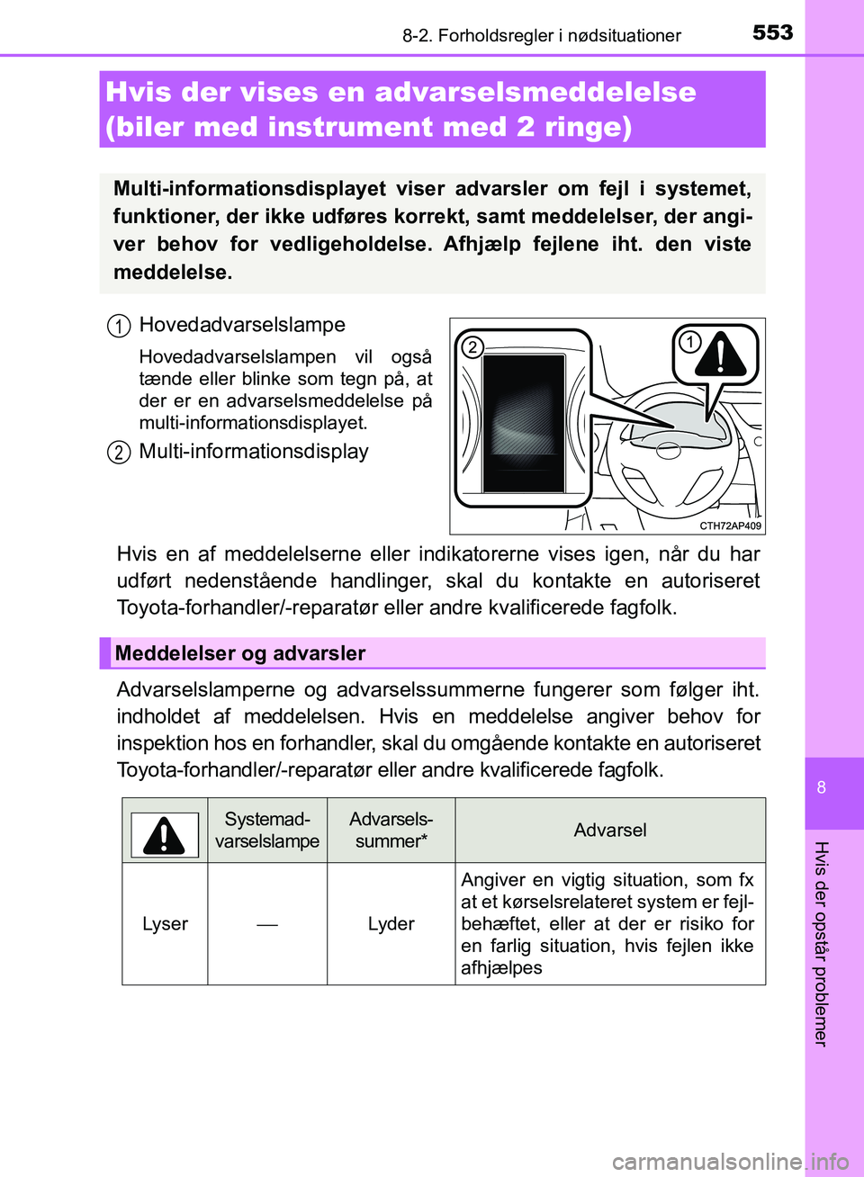 TOYOTA AURIS 2017  Brugsanvisning (in Danish) 5538-2. Forholdsregler i nødsituationer
OM12K97DK
8
Hvis der opstår problemer
Hovedadvarselslampe
Hovedadvarselslampen vil også
tænde eller blinke som tegn på, at
der er en advarselsmeddelelse p