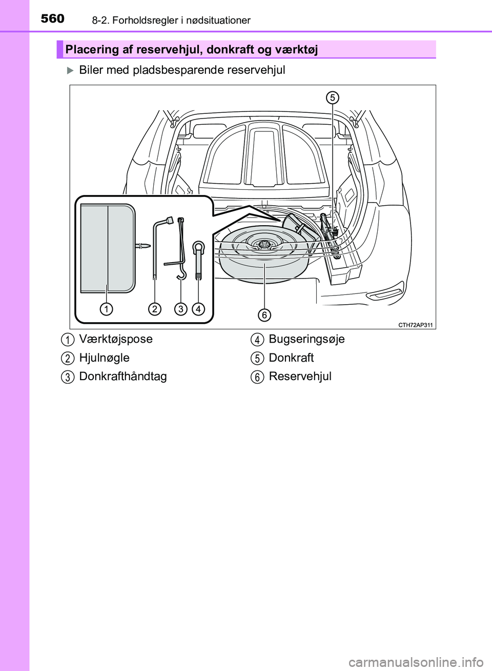 TOYOTA AURIS 2017  Brugsanvisning (in Danish) 5608-2. Forholdsregler i nødsituationer
OM12K97DK
Biler med pladsbesparende reservehjul
Placering af reservehjul, donkraft og værktøj
Værktøjspose
Hjulnøgle
DonkrafthåndtagBugseringsøje
Don