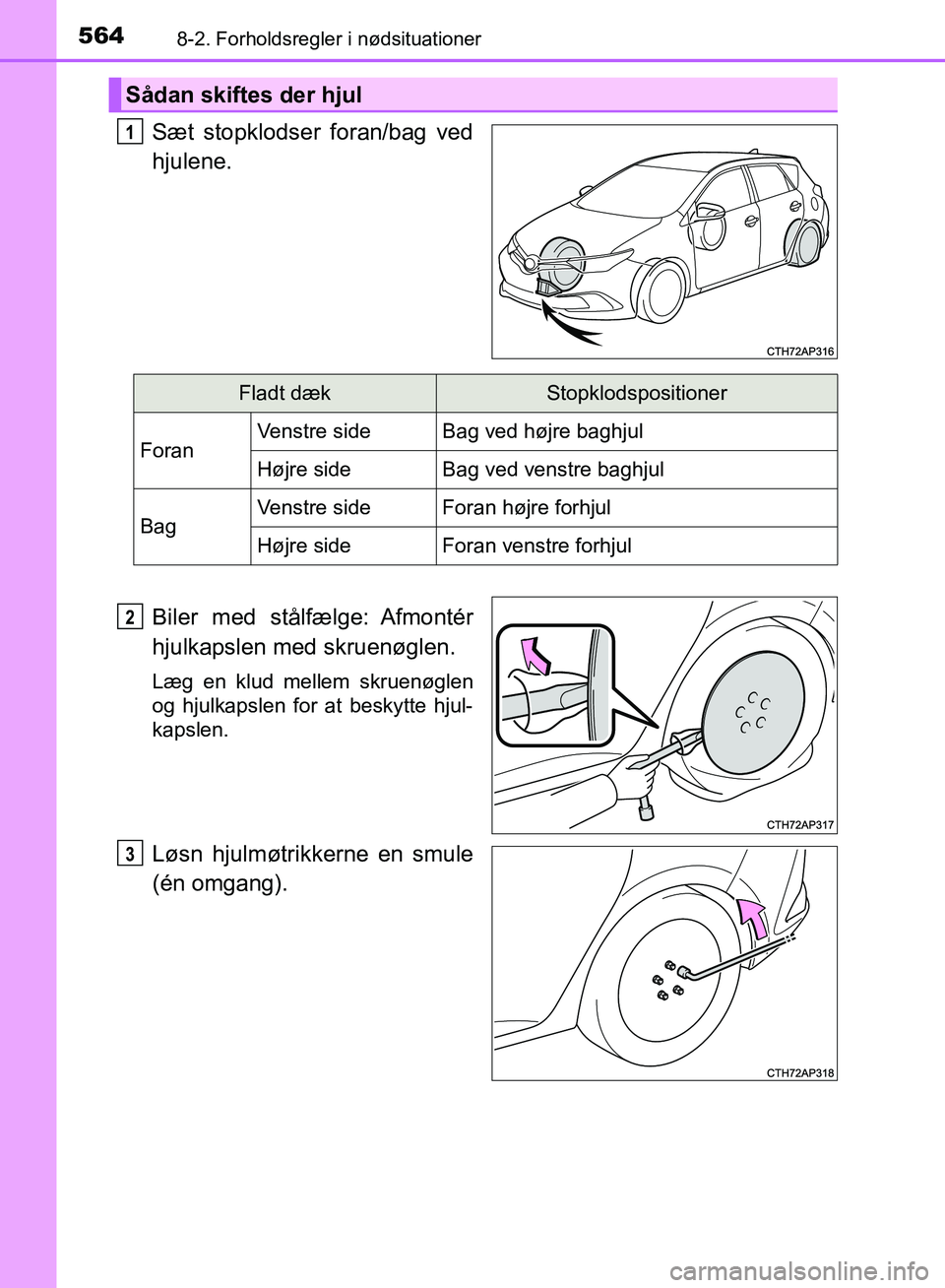 TOYOTA AURIS 2017  Brugsanvisning (in Danish) 5648-2. Forholdsregler i nødsituationer
OM12K97DK
Sæt stopklodser foran/bag ved
hjulene.
Biler  med  stålfælge: Afmontér
hjulkapslen med skruenøglen.
Læg en klud mellem skruenøglen
og hjulkaps