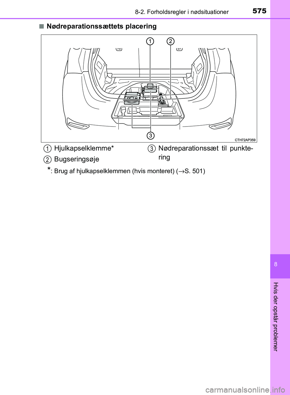 TOYOTA AURIS 2017 Brugsanvisning (in Danish) 5758-2. Forholdsregler i nødsituationer
OM12K97DK
8
Hvis der opstår problemer
■Nødreparationssættets placering
*: Brug af hjulkapselklemmen (hvis monteret) (→S. 501)
Hjulkapselklemme*
Bugserin TOYOTA AURIS 2017 Brugsanvisning (in Danish) 5758-2. Forholdsregler i nødsituationer
OM12K97DK
8
Hvis der opstår problemer
■Nødreparationssættets placering
*: Brug af hjulkapselklemmen (hvis monteret) (→S. 501)
Hjulkapselklemme*
Bugserin