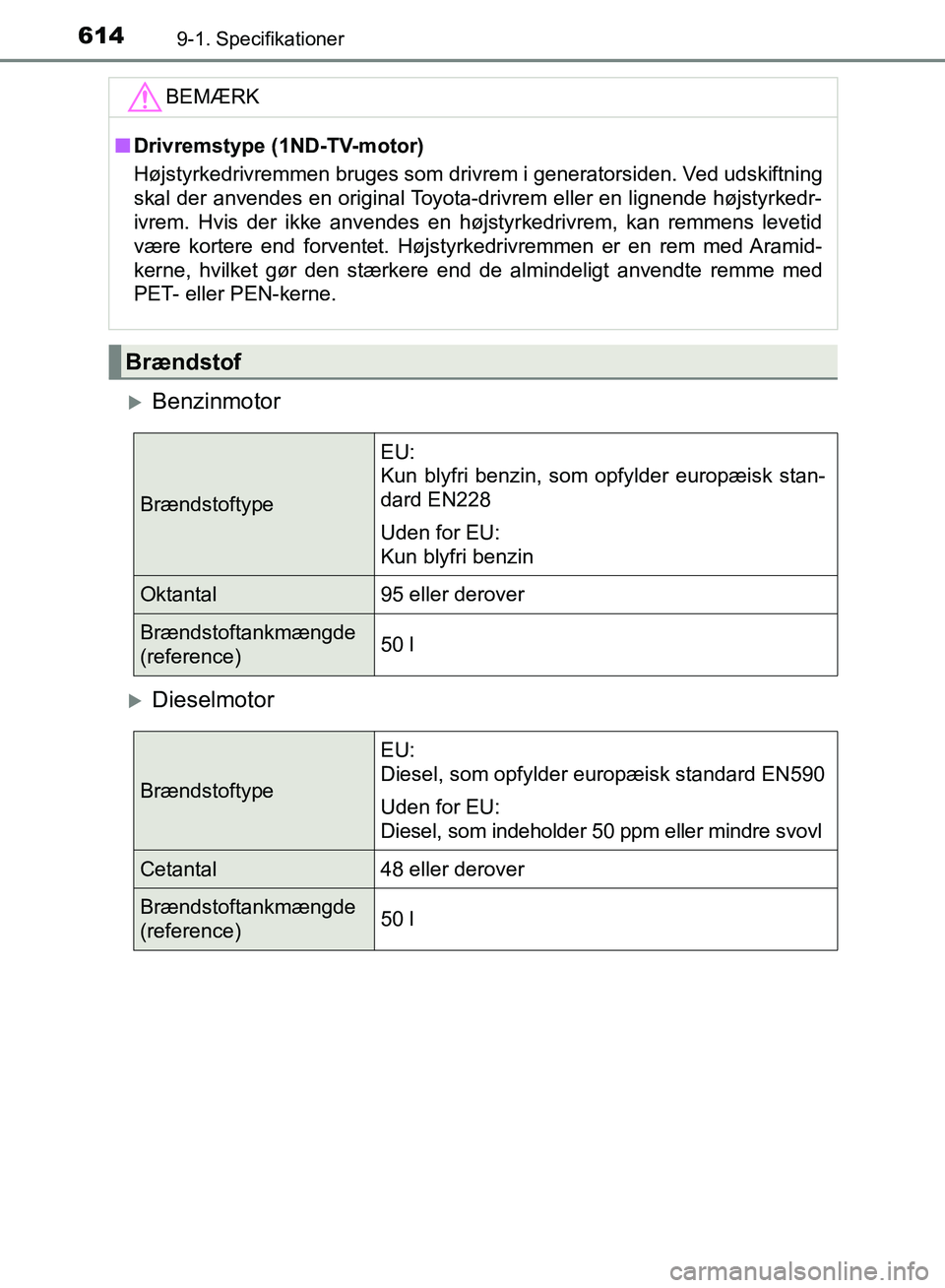 TOYOTA AURIS 2017  Brugsanvisning (in Danish) 6149-1. Specifikationer
OM12K97DK
Benzinmotor
Dieselmotor
BEMÆRK
■Drivremstype (1ND-TV-motor)
Højstyrkedrivremmen bruges som driv rem i generatorsiden. Ved udskiftning
skal der anvendes en o