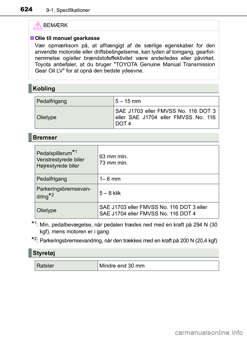 TOYOTA AURIS 2017 Brugsanvisning (in Danish) 6249-1. Specifikationer
OM12K97DK
*1: Min. pedalbevægelse, når pedalen trædes ned med en kraft på 294 N (30kgf), mens motoren er i gang
*2: Parkeringsbremsevandring, når den trækkes med en kraft TOYOTA AURIS 2017 Brugsanvisning (in Danish) 6249-1. Specifikationer
OM12K97DK
*1: Min. pedalbevægelse, når pedalen trædes ned med en kraft på 294 N (30kgf), mens motoren er i gang
*2: Parkeringsbremsevandring, når den trækkes med en kraft