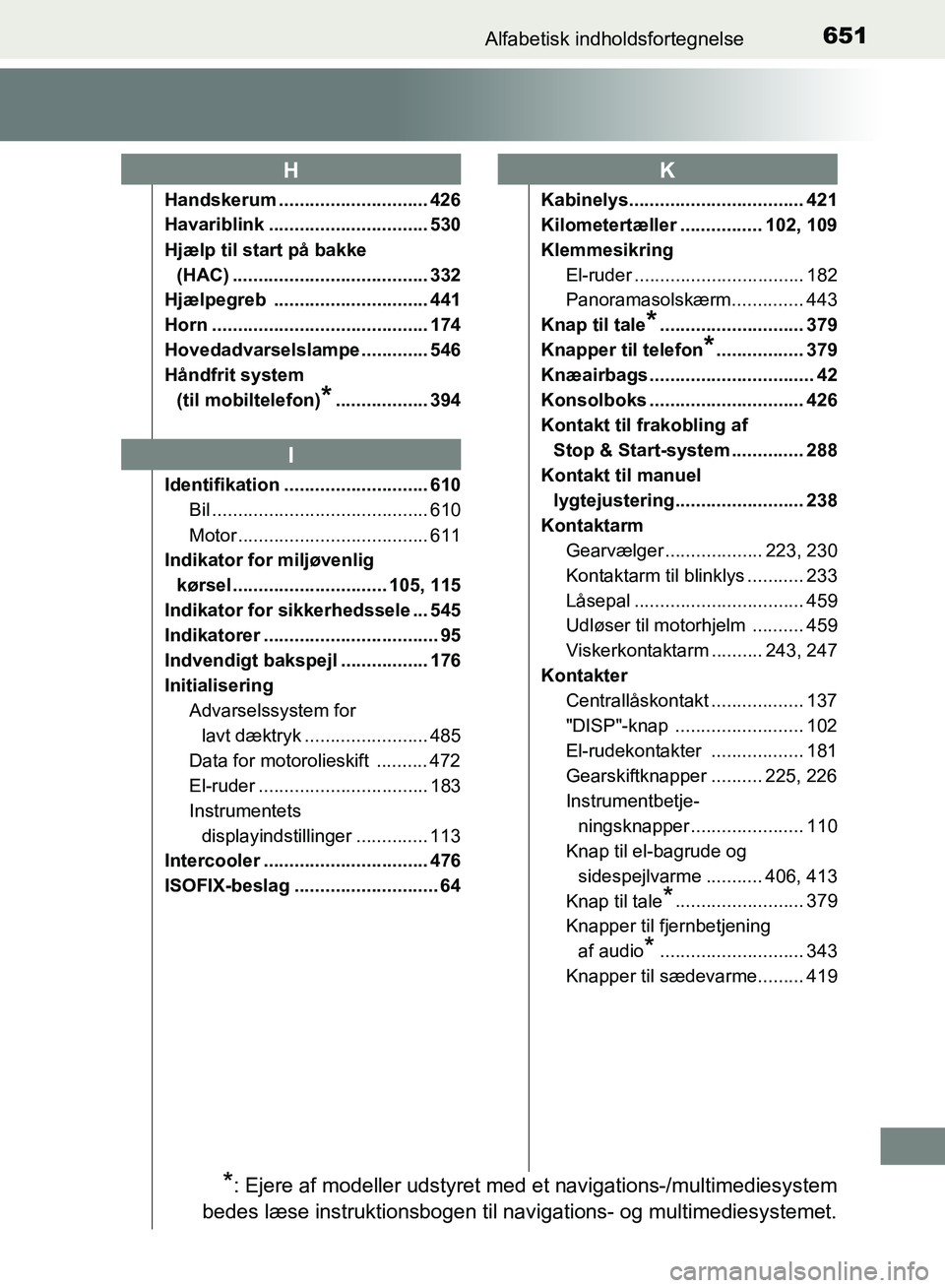 TOYOTA AURIS 2017 Brugsanvisning (in Danish) 651Alfabetisk indholdsfortegnelse
OM12K97DK
Handskerum ............................. 426
Havariblink ............................... 530
Hjælp til start på bakke (HAC) .............................. TOYOTA AURIS 2017 Brugsanvisning (in Danish) 651Alfabetisk indholdsfortegnelse
OM12K97DK
Handskerum ............................. 426
Havariblink ............................... 530
Hjælp til start på bakke (HAC) ..............................
