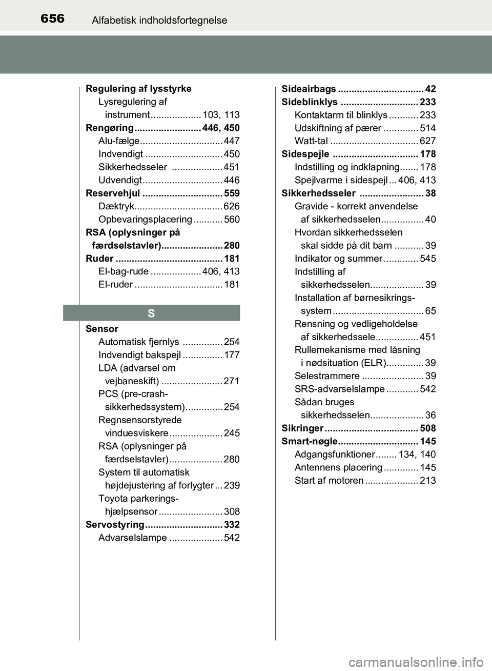 TOYOTA AURIS 2017 Brugsanvisning (in Danish) 656Alfabetisk indholdsfortegnelse
OM12K97DK
Regulering af lysstyrkeLysregulering af
instrument ................... 103, 113
Rengøring ......................... 446, 450 Alu-fælge................... TOYOTA AURIS 2017 Brugsanvisning (in Danish) 656Alfabetisk indholdsfortegnelse
OM12K97DK
Regulering af lysstyrkeLysregulering af
instrument ................... 103, 113
Rengøring ......................... 446, 450 Alu-fælge...................
