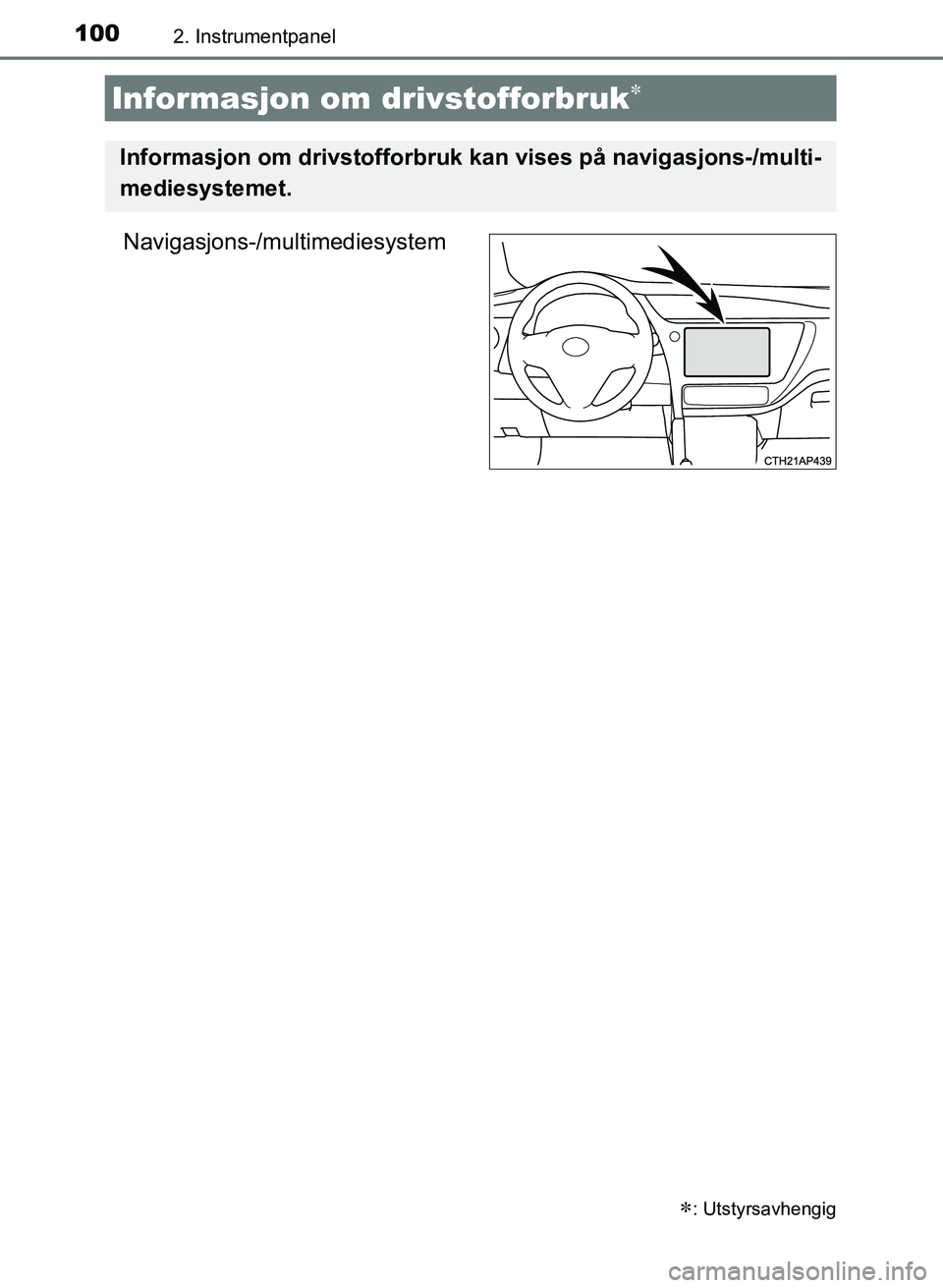 TOYOTA AURIS 2017 Instruksjoner for bruk (in Norwegian) 1002. Instrumentpanel
UK AURIS_HB_EE (OM12K97NO)
Navigasjons-/multimediesystem
Informasjon om drivstofforbruk
: Utstyrsavhengig
Informasjon om drivstofforbruk kan vises på navigasjons-/multi-
TOYOTA AURIS 2017 Instruksjoner for bruk (in Norwegian) 1002. Instrumentpanel
UK AURIS_HB_EE (OM12K97NO)
Navigasjons-/multimediesystem
Informasjon om drivstofforbruk
: Utstyrsavhengig
Informasjon om drivstofforbruk kan vises på navigasjons-/multi-