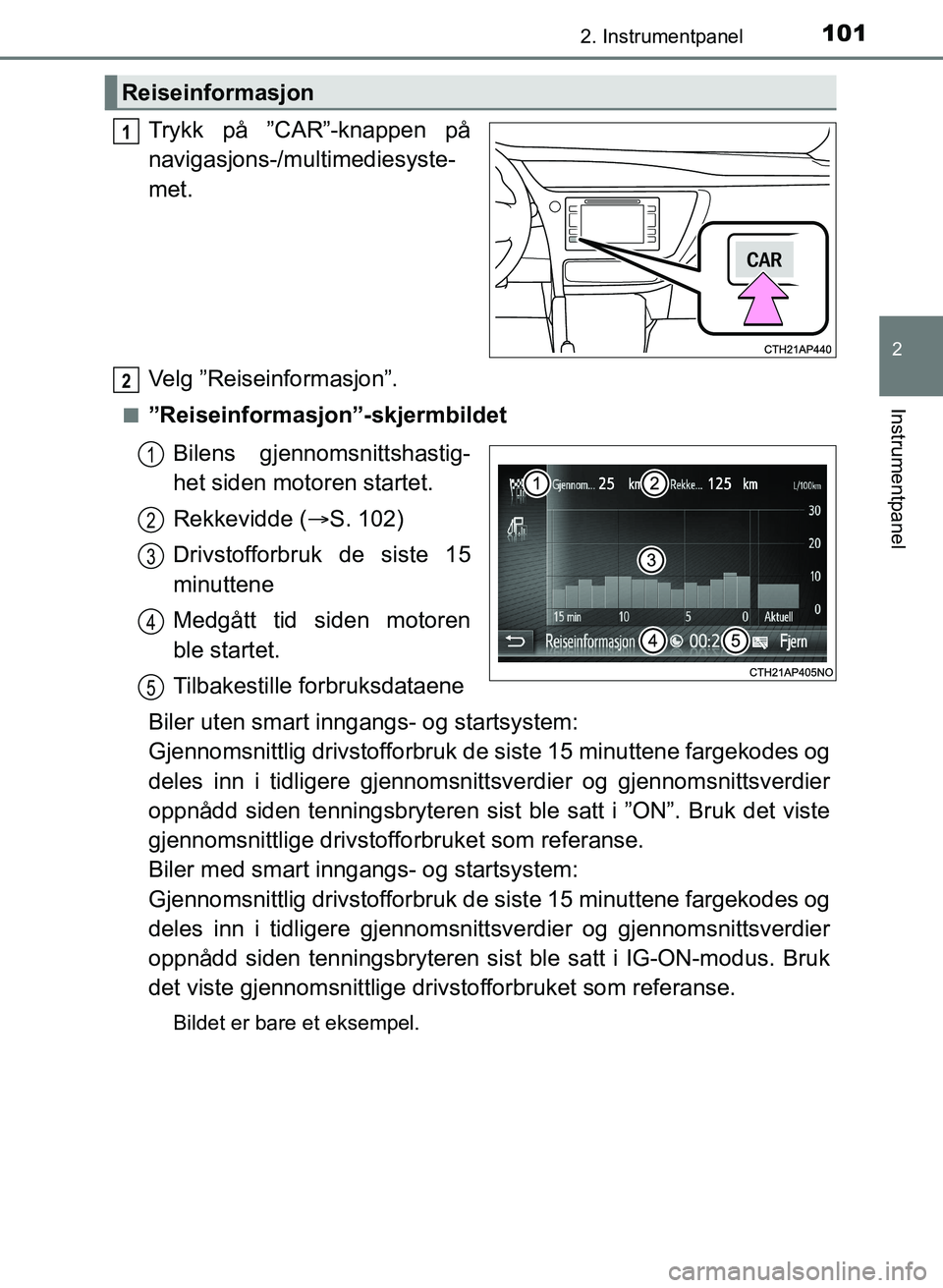 TOYOTA AURIS 2017 Instruksjoner for bruk (in Norwegian) 1012. Instrumentpanel
UK AURIS_HB_EE (OM12K97NO)
2
Instrumentpanel
Trykk på ”CAR”-knappen på
navigasjons-/multimediesyste-
met.
Velg ”Reiseinformasjon”.
n”Reiseinformasjon”-skjermbildet TOYOTA AURIS 2017 Instruksjoner for bruk (in Norwegian) 1012. Instrumentpanel
UK AURIS_HB_EE (OM12K97NO)
2
Instrumentpanel
Trykk på ”CAR”-knappen på
navigasjons-/multimediesyste-
met.
Velg ”Reiseinformasjon”.
n”Reiseinformasjon”-skjermbildet