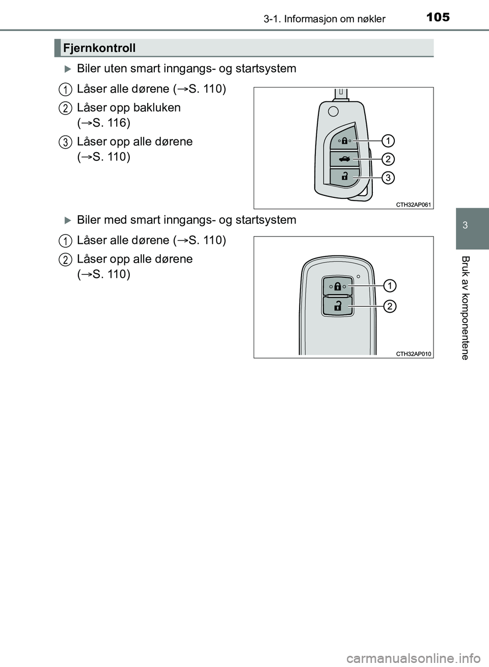 TOYOTA AURIS 2017 Instruksjoner for bruk (in Norwegian) 1053-1. Informasjon om nøkler
UK AURIS_HB_EE (OM12K97NO)
3
Bruk av komponentene
Biler uten smart inngangs- og startsystem
Låser alle dørene (S. 110)
Låser opp bakluken
( S. 116)
Låser TOYOTA AURIS 2017 Instruksjoner for bruk (in Norwegian) 1053-1. Informasjon om nøkler
UK AURIS_HB_EE (OM12K97NO)
3
Bruk av komponentene
Biler uten smart inngangs- og startsystem
Låser alle dørene (S. 110)
Låser opp bakluken
( S. 116)
Låser