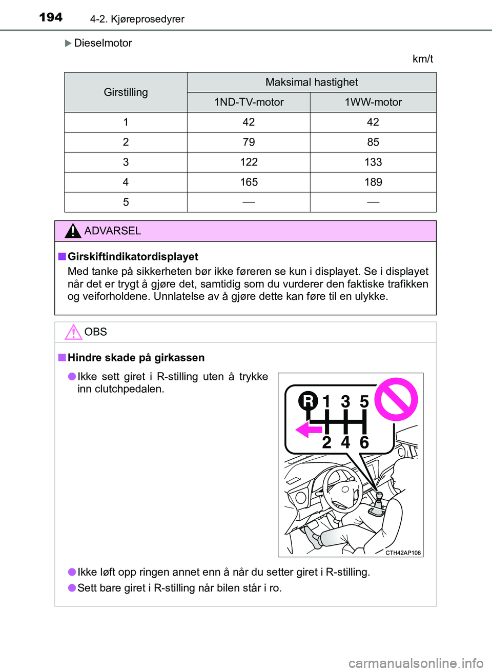 TOYOTA AURIS 2017  Instruksjoner for bruk (in Norwegian) 1944-2. Kjøreprosedyrer
UK AURIS_HB_EE  (OM12K97NO)
Dieselmotorkm/t
GirstillingMaksimal hastighet
1ND-TV-motor1WW-motor
14242
27985
3122133
4165189
5
ADVARSEL
nGirskiftindikatordisplayet
Med