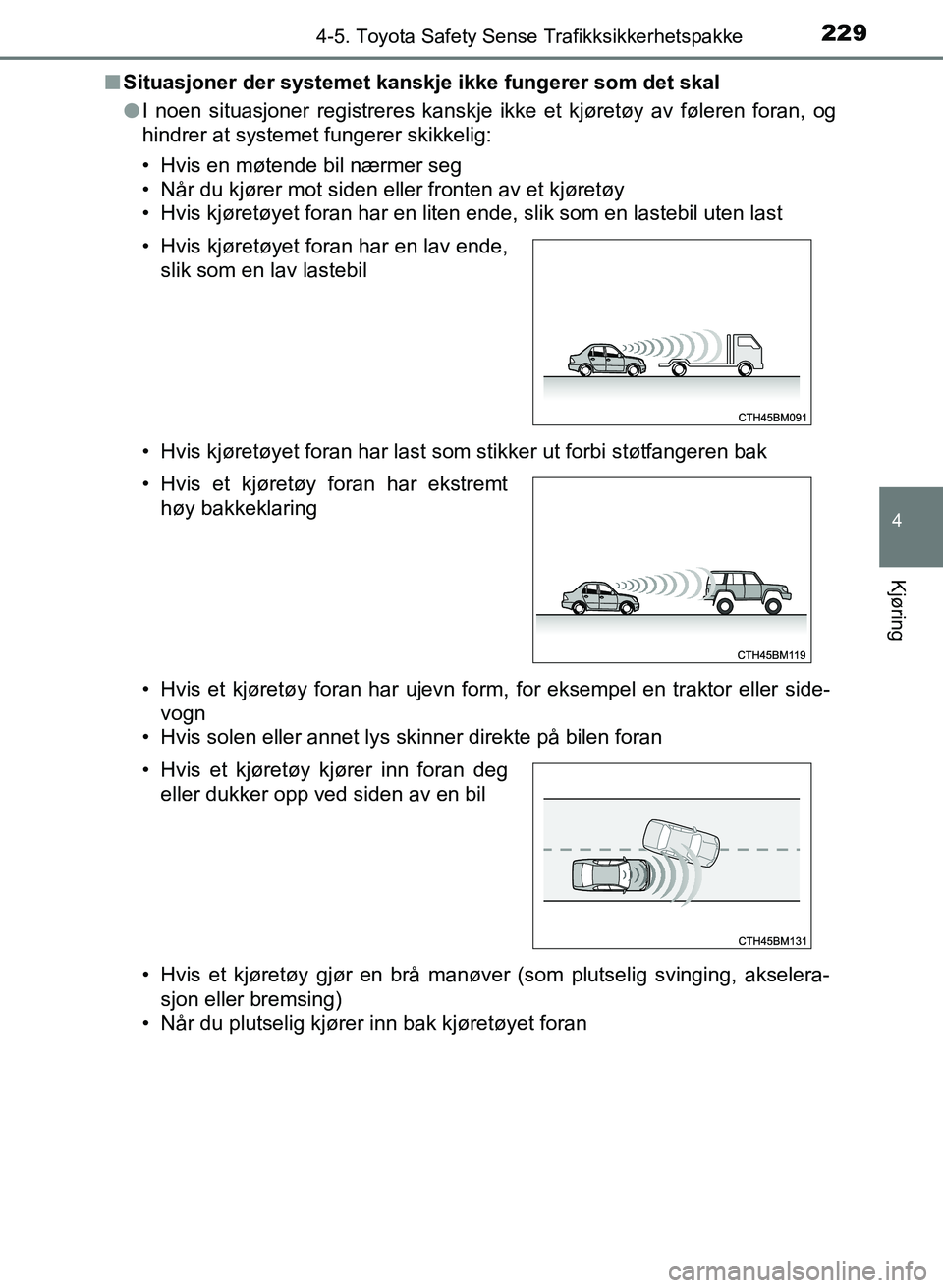 TOYOTA AURIS 2017 Instruksjoner for bruk (in Norwegian) 2294-5. Toyota Safety Sense Trafikksikkerhetspakke
UK AURIS_HB_EE (OM12K97NO)
4
Kjøring
nSituasjoner der systemet kanskj e ikke fungerer som det skal
l I noen situasjoner registreres kanskje ikke et TOYOTA AURIS 2017 Instruksjoner for bruk (in Norwegian) 2294-5. Toyota Safety Sense Trafikksikkerhetspakke
UK AURIS_HB_EE (OM12K97NO)
4
Kjøring
nSituasjoner der systemet kanskj e ikke fungerer som det skal
l I noen situasjoner registreres kanskje ikke et